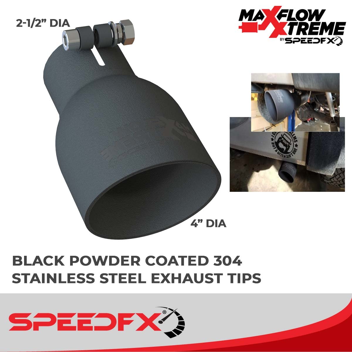 SpeedFX Exhaust Kit System 50600, With MaxFlow Xtreme Muffler, Single Exhaust With Dual Exit Rear, 4 Inch Diameter Black Powder Coated 304 Stainless Steel Tips, Fits 2012-2018 Jeep Wrangler JK