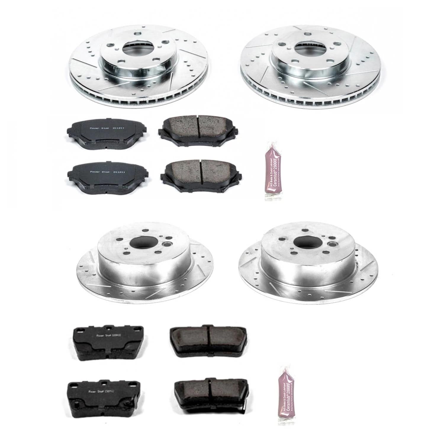 Power Stop K2842 Z23 Carbon Fiber Brake Pads Front and Rear with Drilled & Slotted Brake Rotors Kit For Toyota RAV4 2004-2005 [Model Specific]
