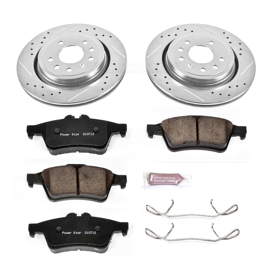 Power Stop K983 Rear Brake Pads Z23 Carbon Fiber with Drilled & Slotted Brake Rotors Kit For Saab 9-3 2003-2011 [Model Specific]