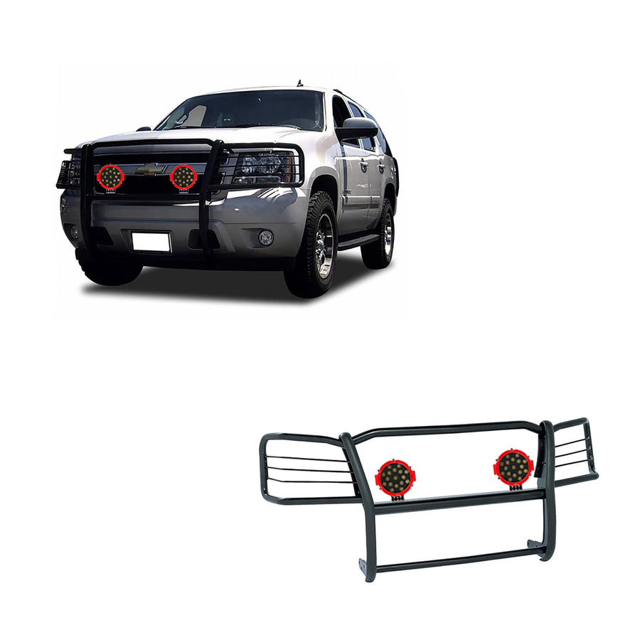 Bumper Guard Modular Black Black Horse Grille brush Come With pair of 7.0"Dia.LED Lights with Red Trim Rings Compatible with 2015-2023 Chevrolet Suburban |2015-2023 Chevrolet Tahoe-17GT20MA-PLR