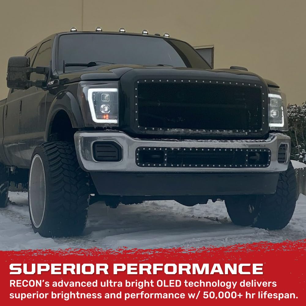 RECON - Premium Projector Headlights Fits 2011-2016 Ford Super Duty (F250, F350, F450, F550) Ultra Bright OLED Halos, DRL (SMOKED LENS)