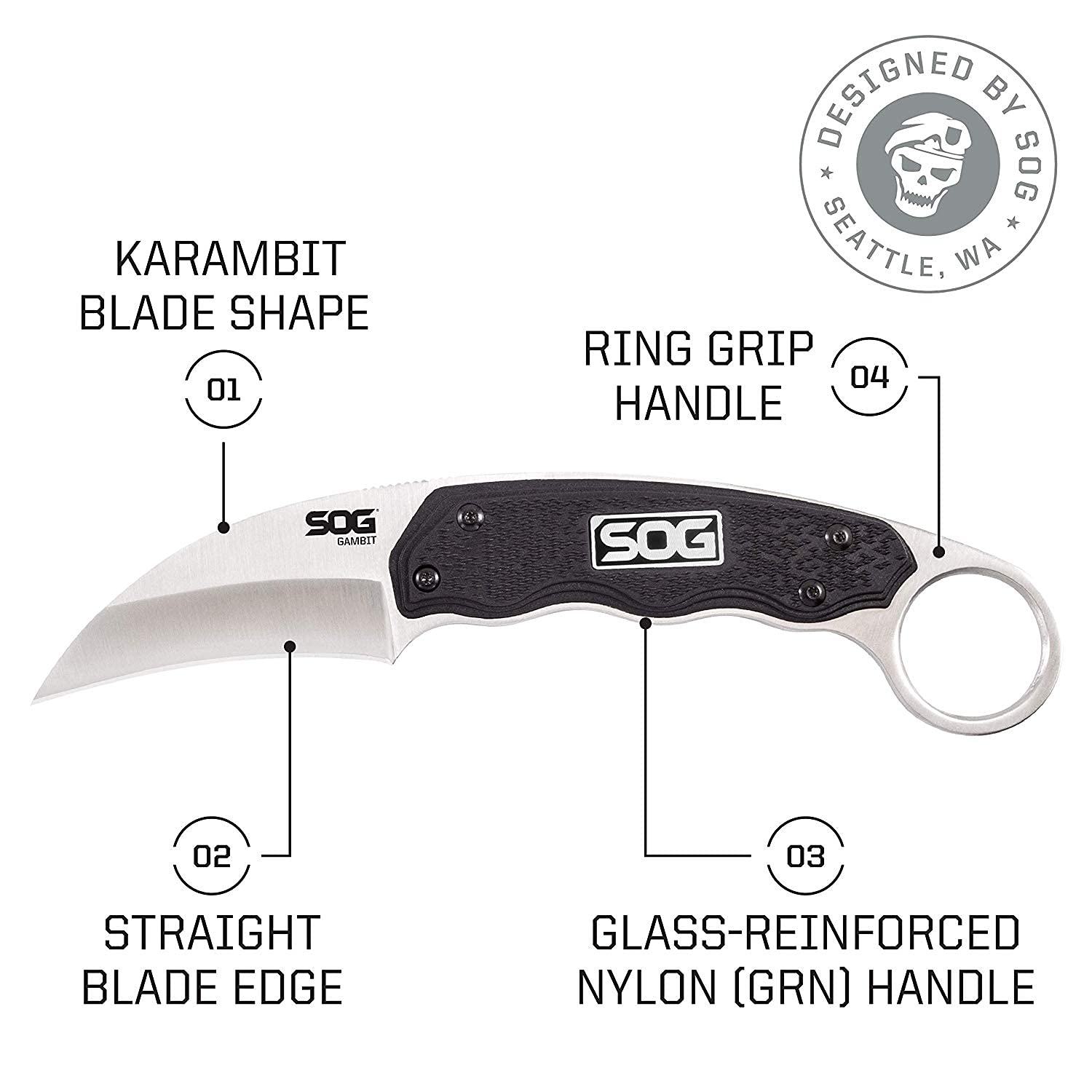 SOG Karambit Survival Knife - Gambit Curved Security Belt Knife, Full Tang Fixed 2.6 Inch Blade w/Hard Nylon Sheath and Adjustable Clip (GB1001-CP), Black