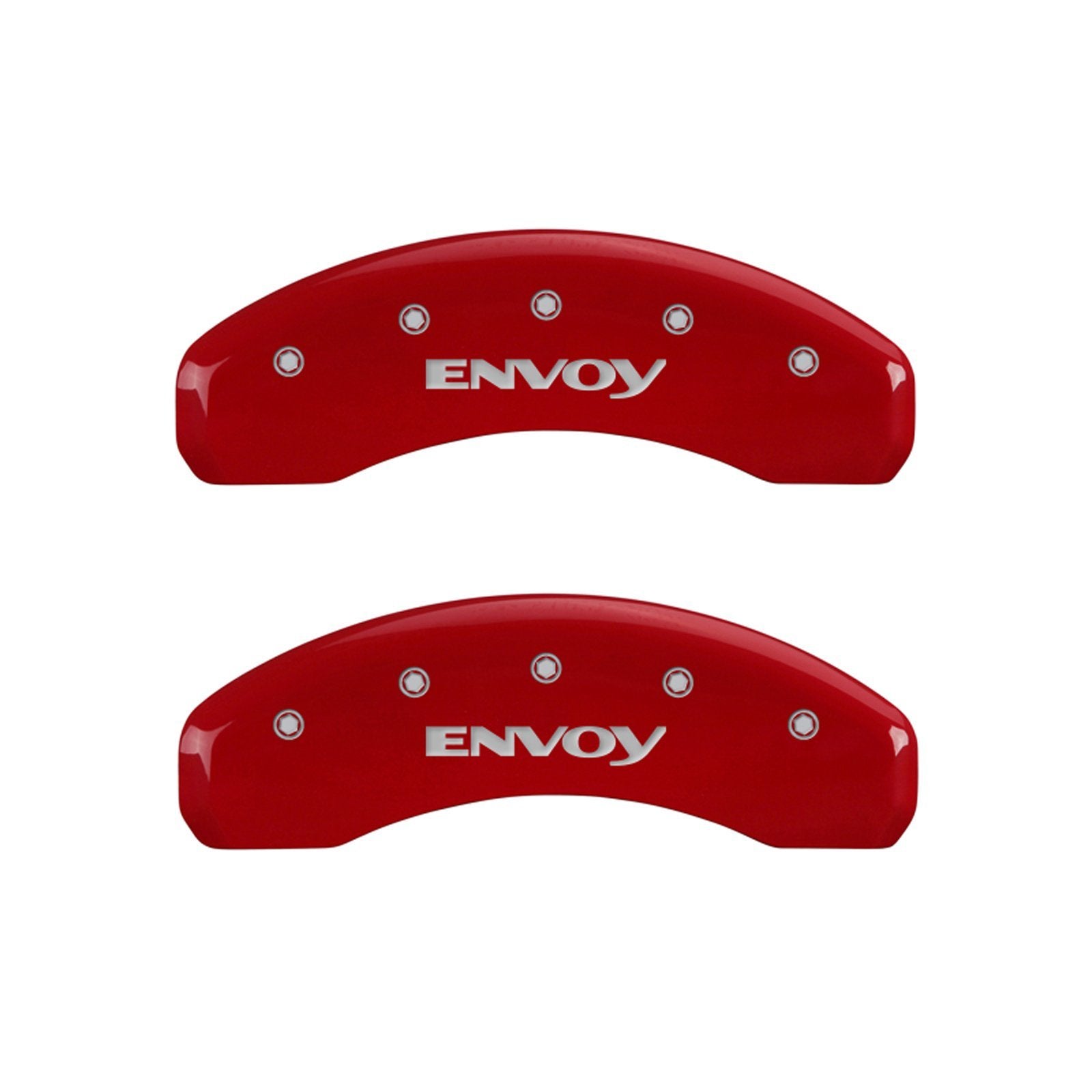 MGP Caliper Covers 'ENVOY' 34005SEVYRD Engraved Caliper Cover with Red Powder Coat Finish and Silver Characters, (Set of 4)