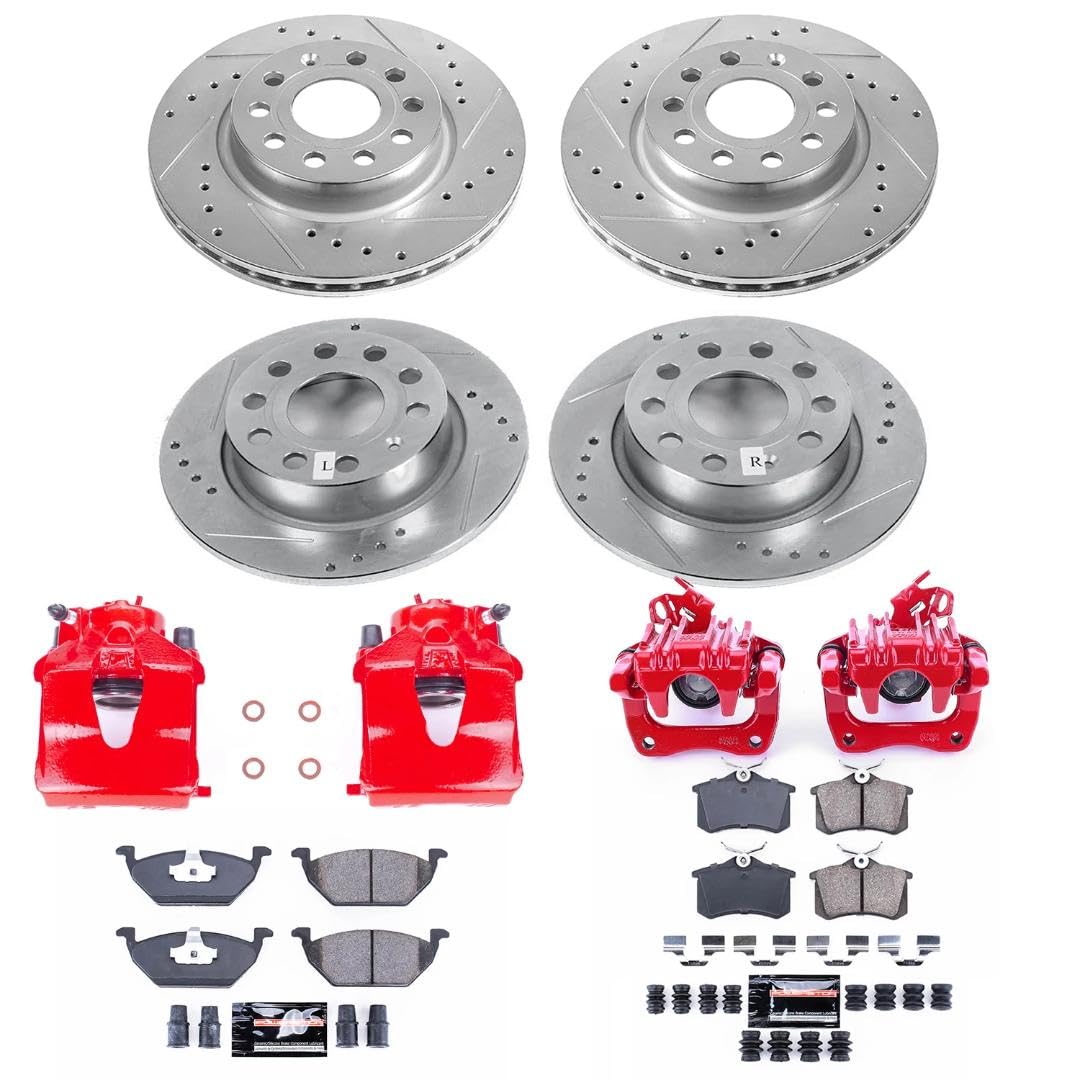 Power Stop Evolution Sport KC7242 Front and Rear Caliper Kit-Drilled/Slotted Rotors, Carbon Ceramic Brake Pads, Calipers For Volkswagen Jetta 2013-2015 [Model Specific]