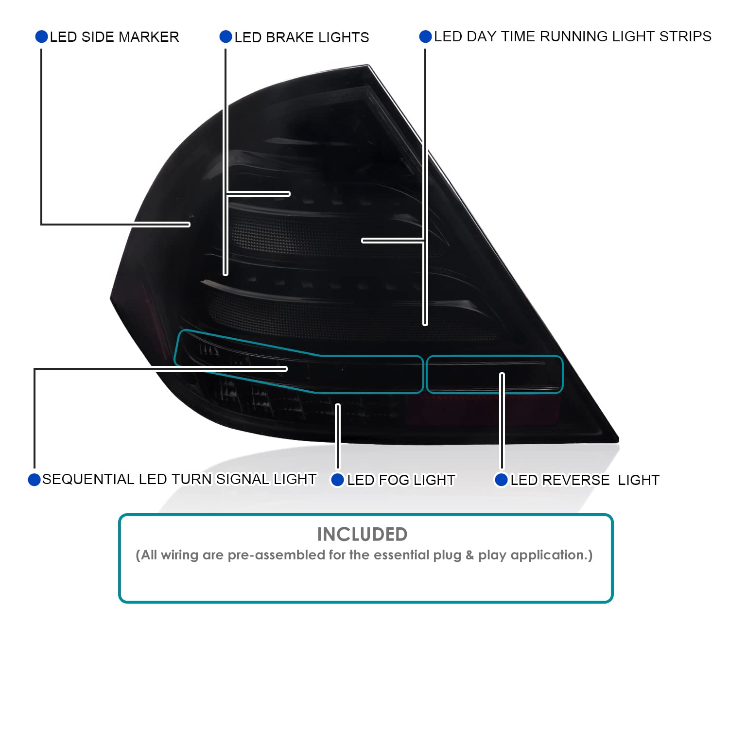 Glossy Black Smoke SPEC-D TUNING Full LED Sequential Tail Lights Compatible with 2001-2004 Mercedes-Benz W203 C-class Sedan