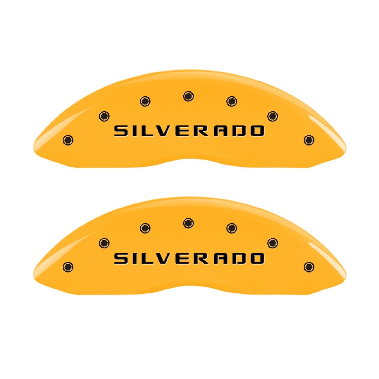 MGP Caliper Covers Yellow Powder Coat Finish 14238FSILYL Black Characters Engraved Front Caliper Cover, Set of 2 (Yellow Engraved Front Caliper Cover, Set of 2)
