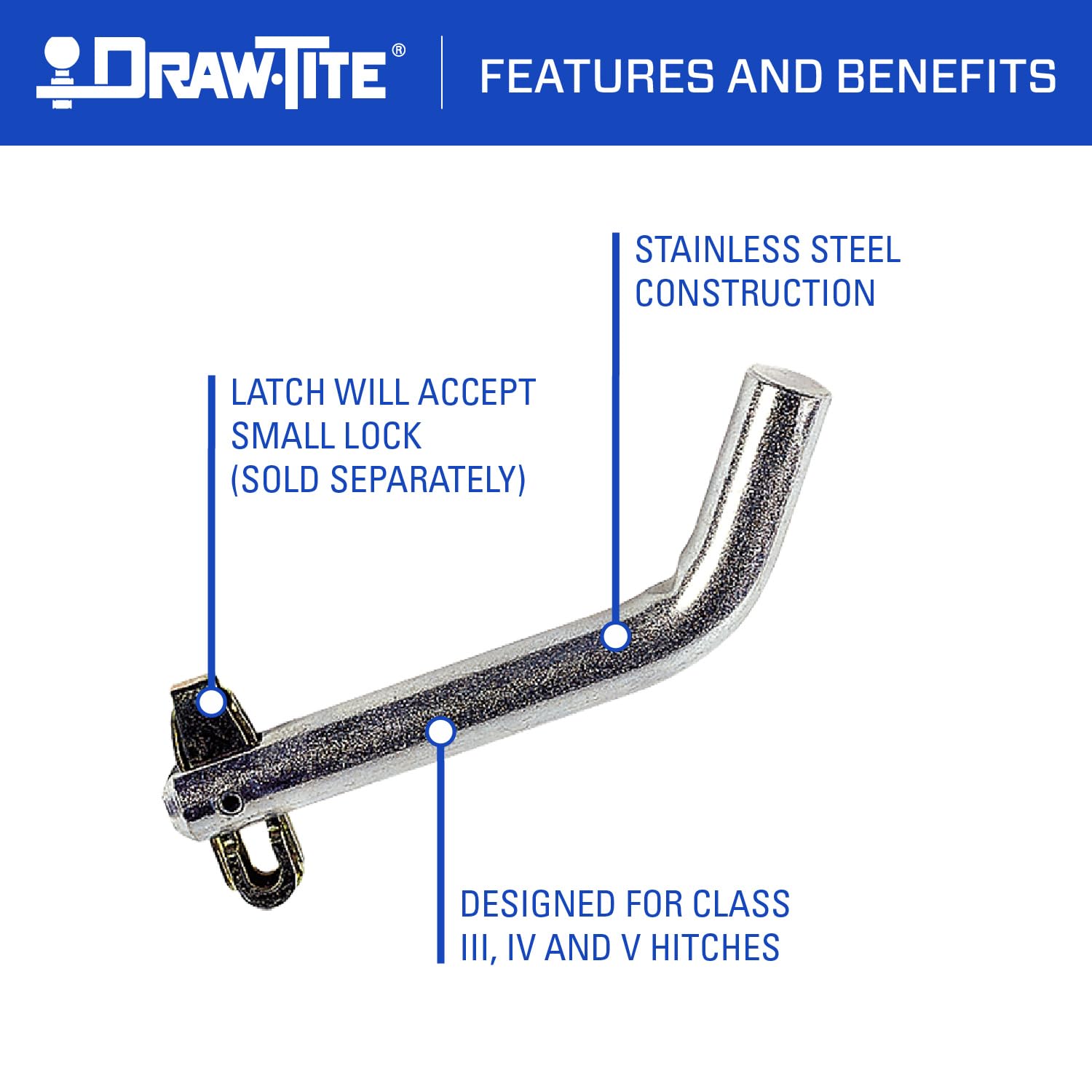 Trailer Hitch Pin Draw-Tite w/Swivel Latch, Fits 2 Inch Square Receiver, 5/8 Inch Pin Diameter