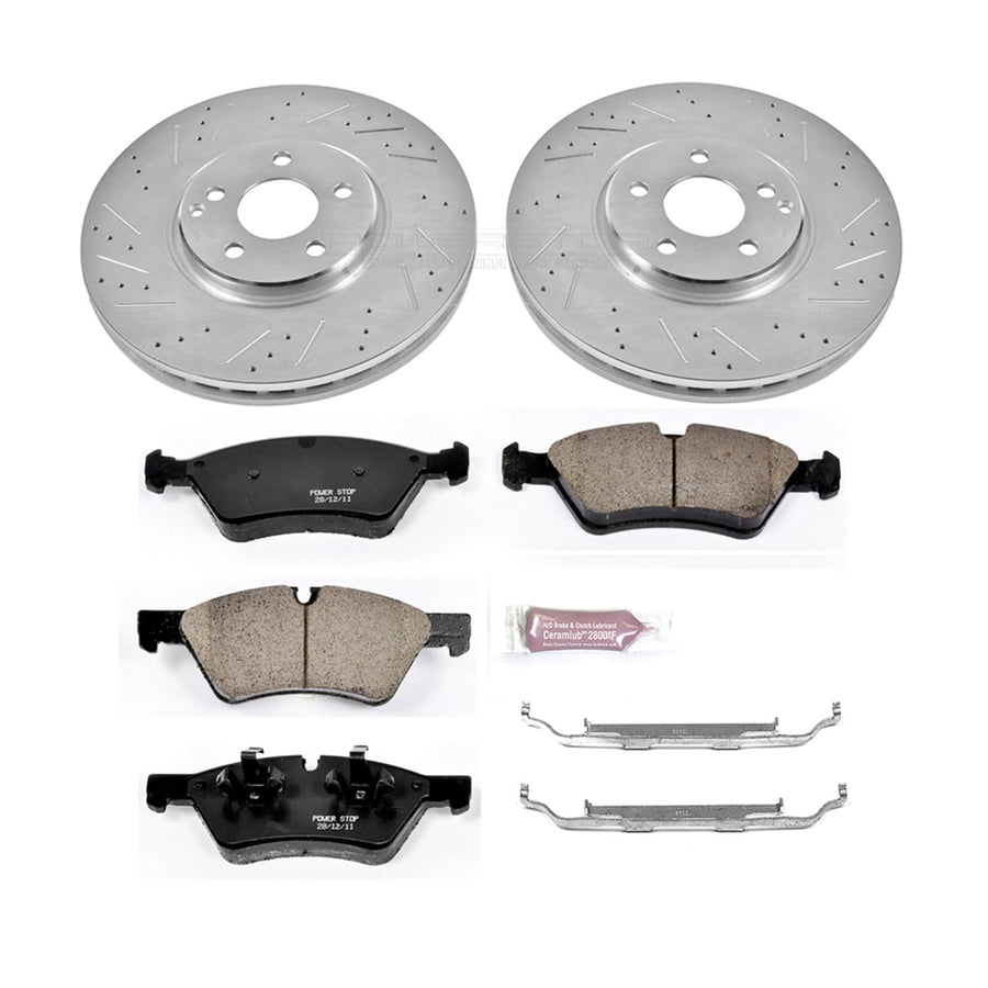 Power Stop K6357 Z23 Carbon Fiber Brake Pads with Drilled & Slotted Brake Rotors Kit and 1 Front Sensor Wire