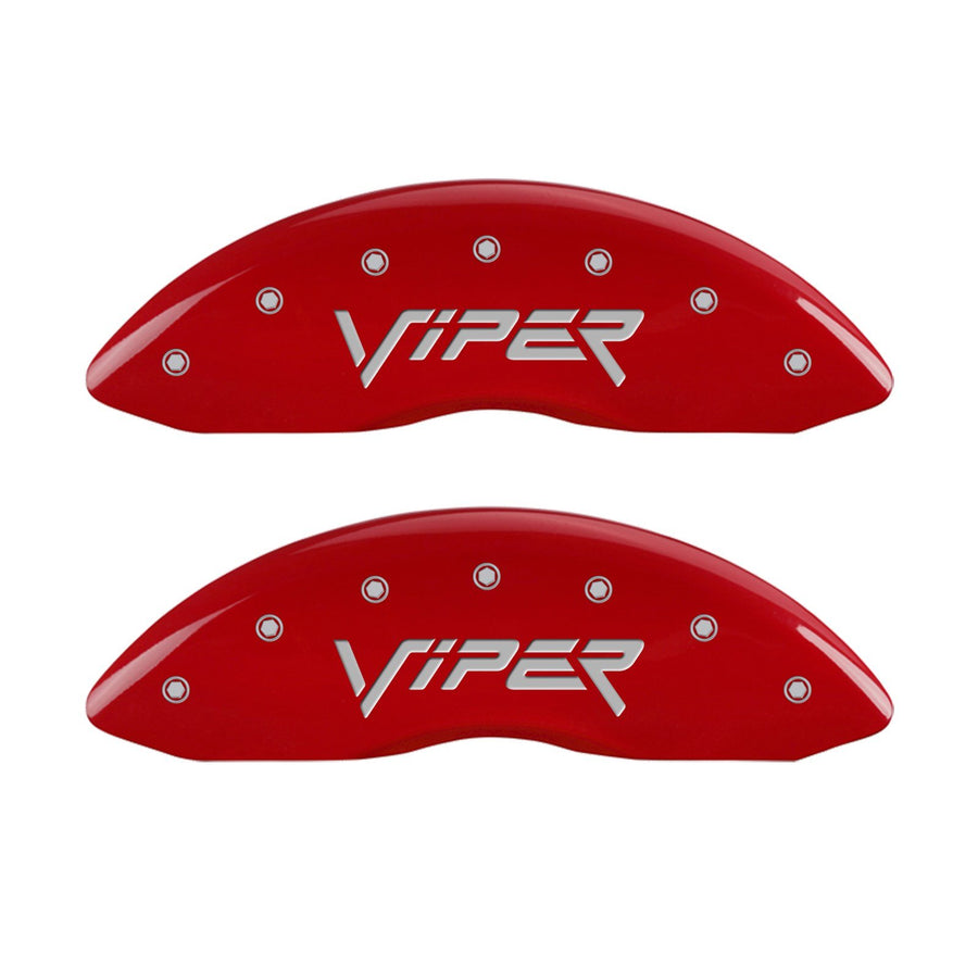 MGP Caliper Covers Front and Rear 12203SSNPRD Red Powder Coat Finish, Set of 4 (Gen 2/Viper Gen 2/Snake Silver Characters, Engraved)