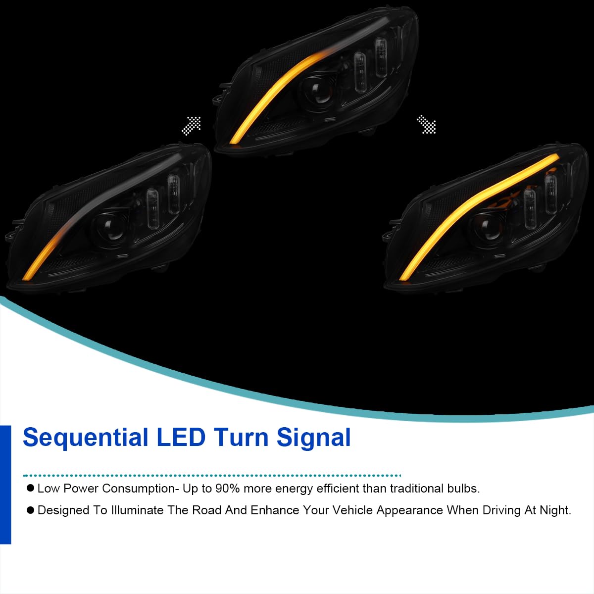Glossy Black Smoke SPEC-D TUNING Projector Headlights w/Switchback LED Strips and Sequential Turn Signal Compatible with 2015-2018 Mercedes-Benz C-Class W205
