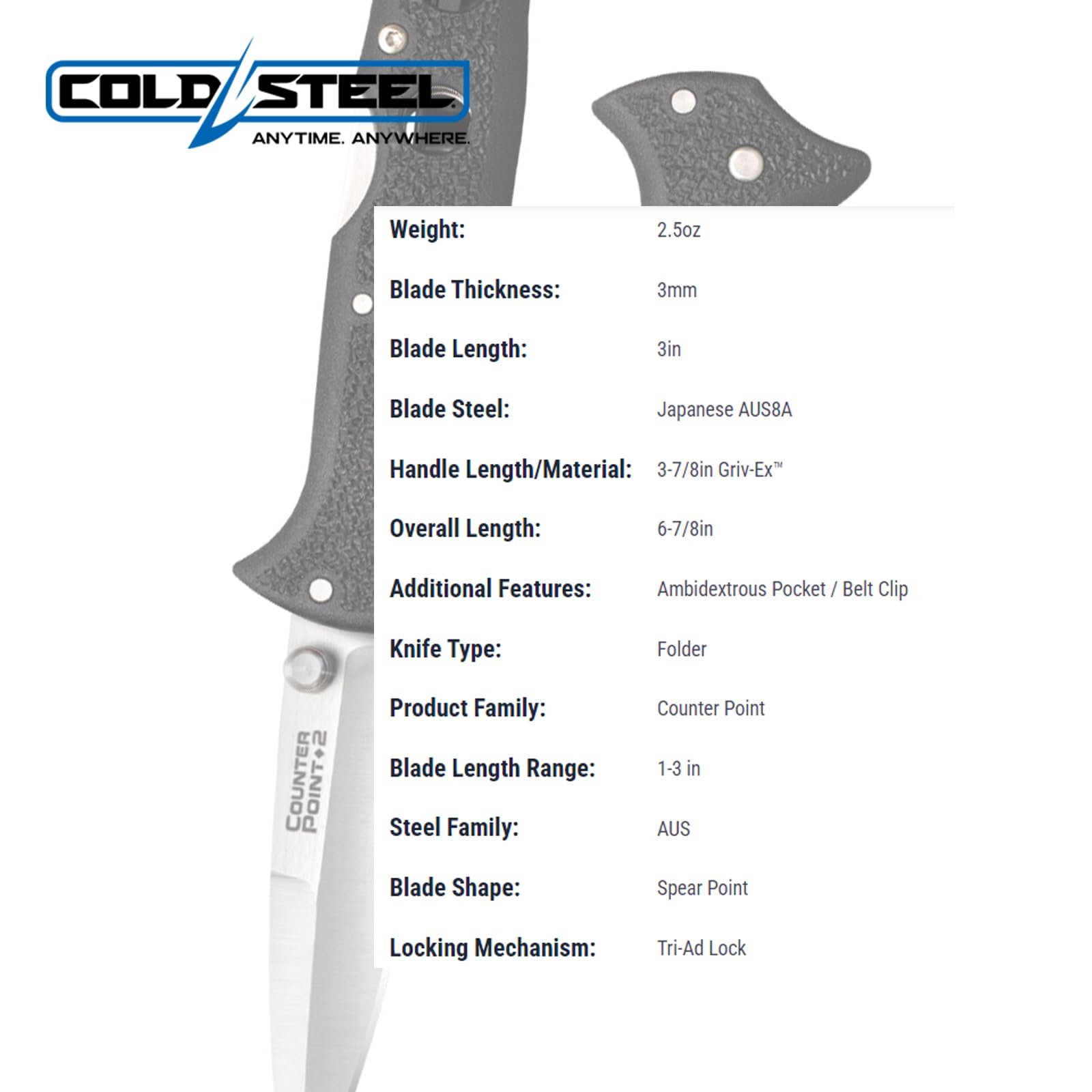 COLD STEEL 2 Counter Point 3" Japanese AUS8A Razor-Sharp Blade 3.875" Griv-Ex Handle Narrow Blade Folding Knife w/Tri-Ad Locking Mechanism
