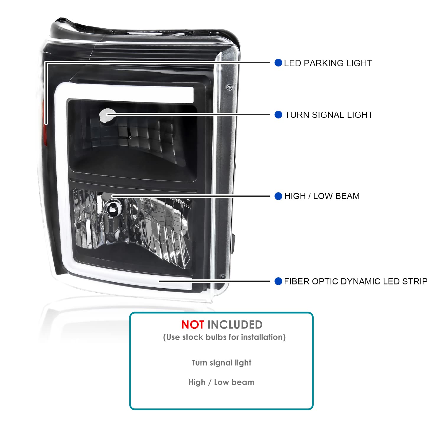 Black SPEC-D TUNING Headlights with Dynamic LED Strip Compatible with 2011-2016 Ford F-250, F-350, F-450, F-550 Super Duty, Left + Right Head Lights Assembly