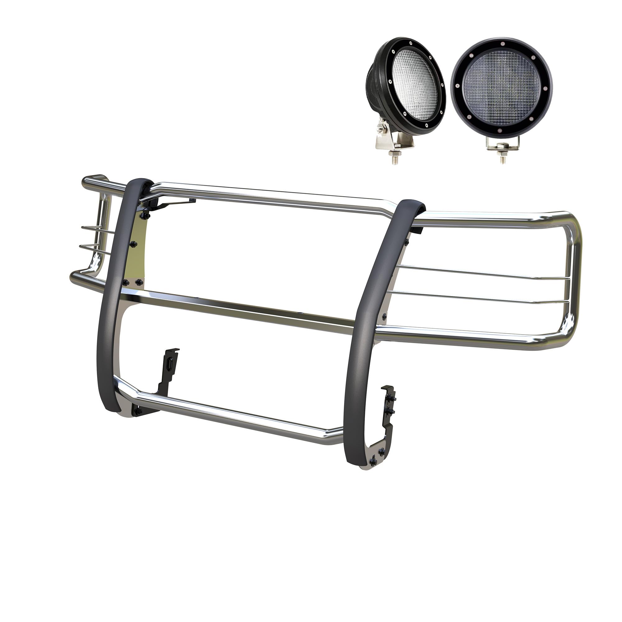 Grille Guard Kit Black Horse Modular Stainless Steel w/Pair of 5.3" Dia. LED Flood Lights w/Black Trim Rings Wiring Harness and Switch Compatible with 2003-2025 Chevrolet Express