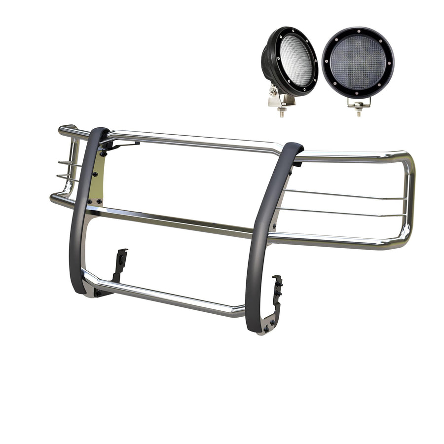 Grille Guard Kit Black Horse Modular Stainless Steel w/Pair of 5.3" Dia. LED Flood Lights w/Black Trim Rings Wiring Harness and Switch Compatible with 2003-2025 Chevrolet Express