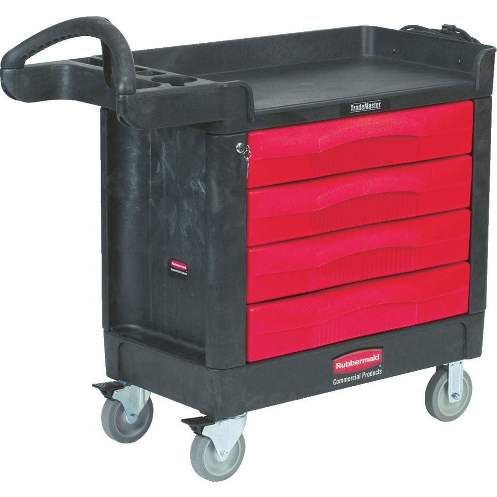 Rubbermaid Commercial Products Tool Storage TradeMaster Utility Cart 4 Drawers 500 lb. Capacity Black for Warehouse/Garage/Cleaning/Maintenance