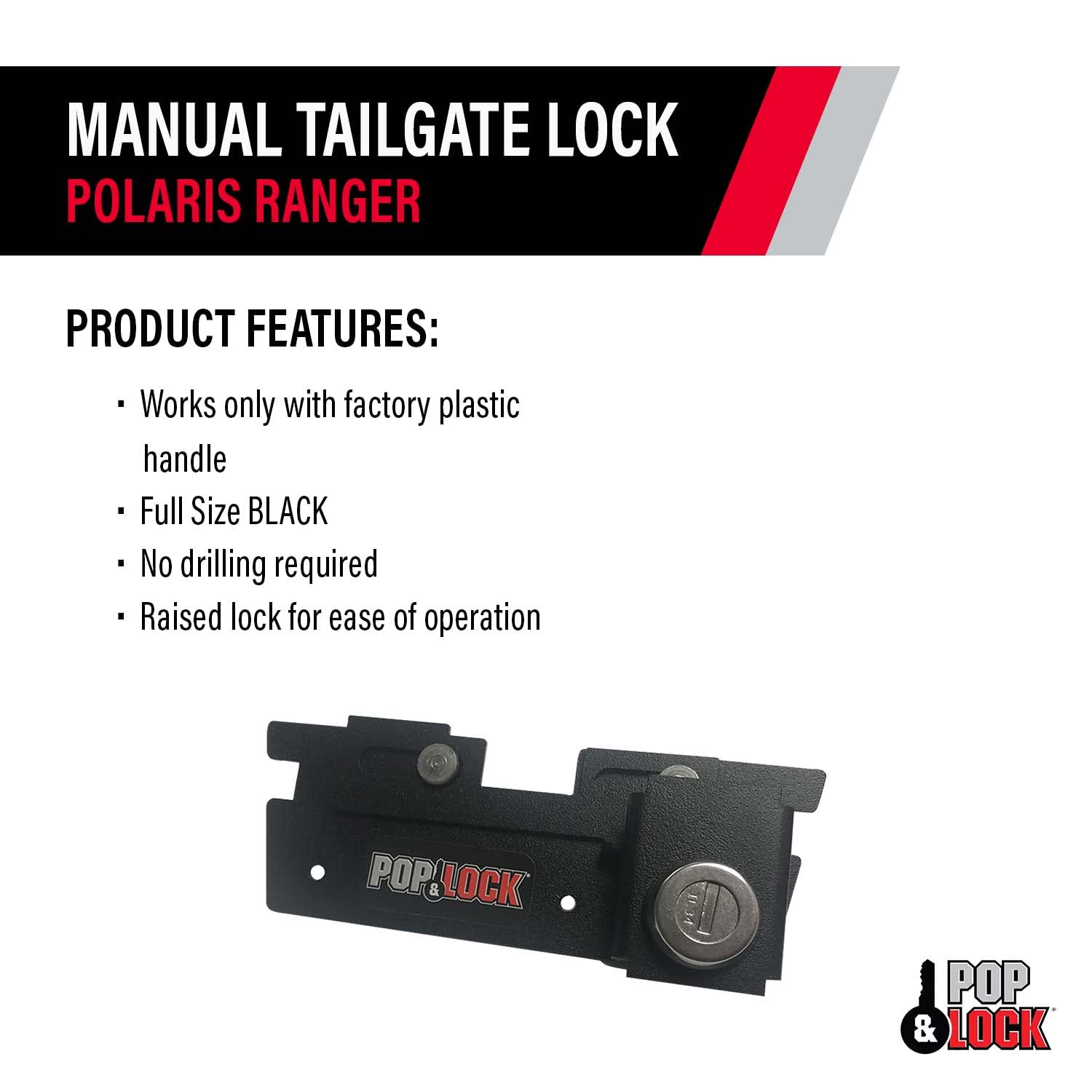 UTV Manual Tailgate Lock – POP & LOCK for Polaris Ranger 570, Fits 2016 to 2019 (Black, PL7409)