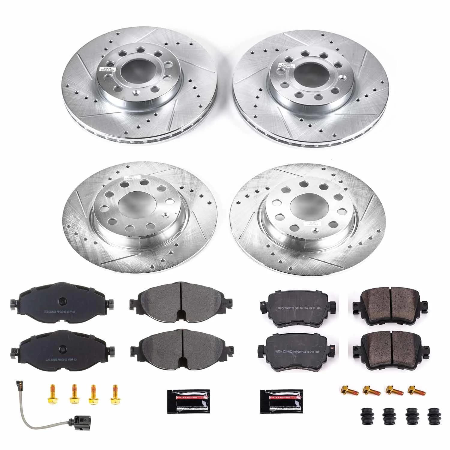 Power Stop K8363 Z23 Carbon Fiber Brake Pads Front and Rear with Drilled & Slotted Brake Rotors Kit and 1 Front Sensor Wire For VW Golf, VW Golf SportWagen [Model Specific]