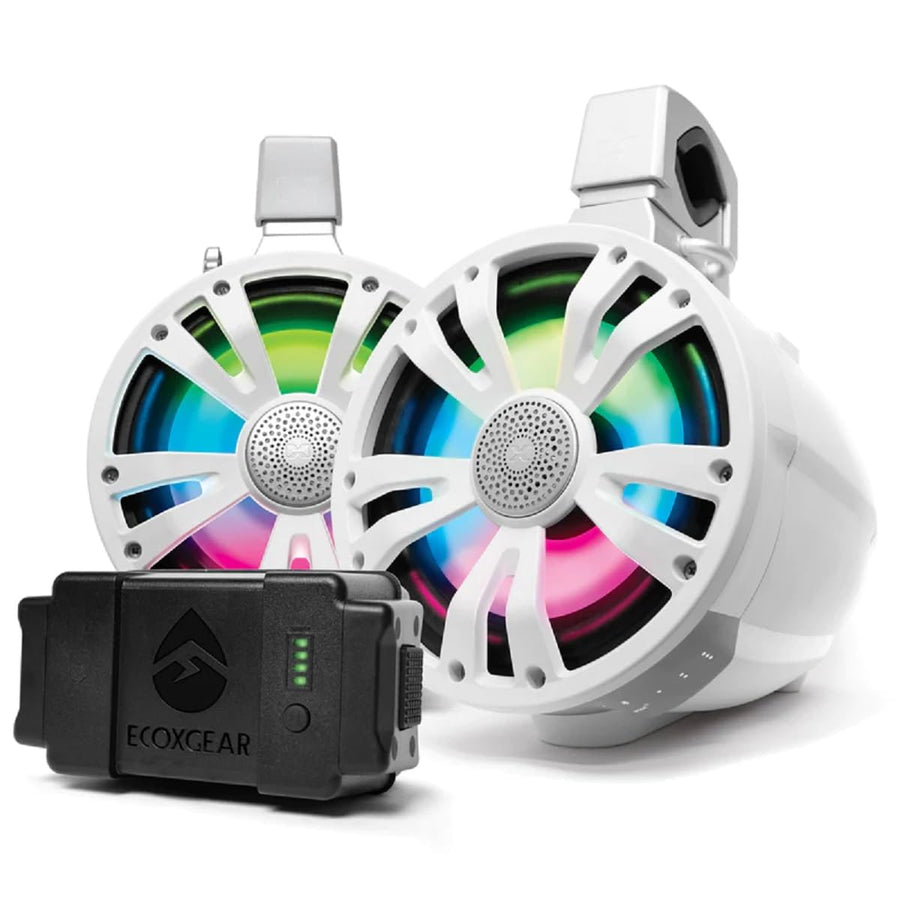 SoundExtreme TB8 8-inch ExtremeTower Powersports Marine Waterproof Sealed 2-Way – 1 Battery-Powered Bluetooth Amplified Speaker + 1 Passive Speaker – White