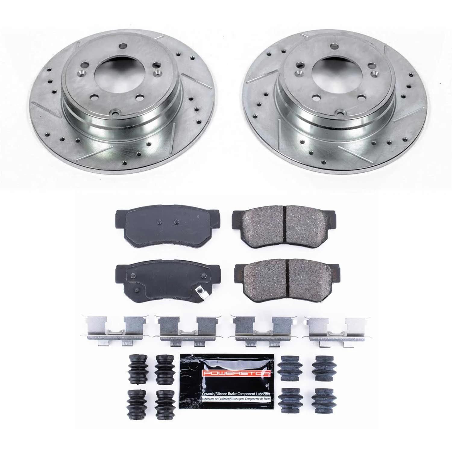 Power Stop K5211 Z23 Carbon Fiber Brake Pads Rear with Drilled & Slotted Brake Rotors Kit For Hyundai Sonata 2006-2008 [Model Specific]