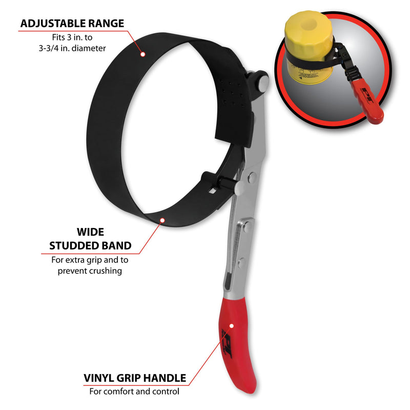 W54123 Performance Tool Oil Filter Wrench, Swivel Handle, Studded Steel Band, 3 in. to 3 3/4 in. (76mm to 95.25mm) Diameter, Black/Red