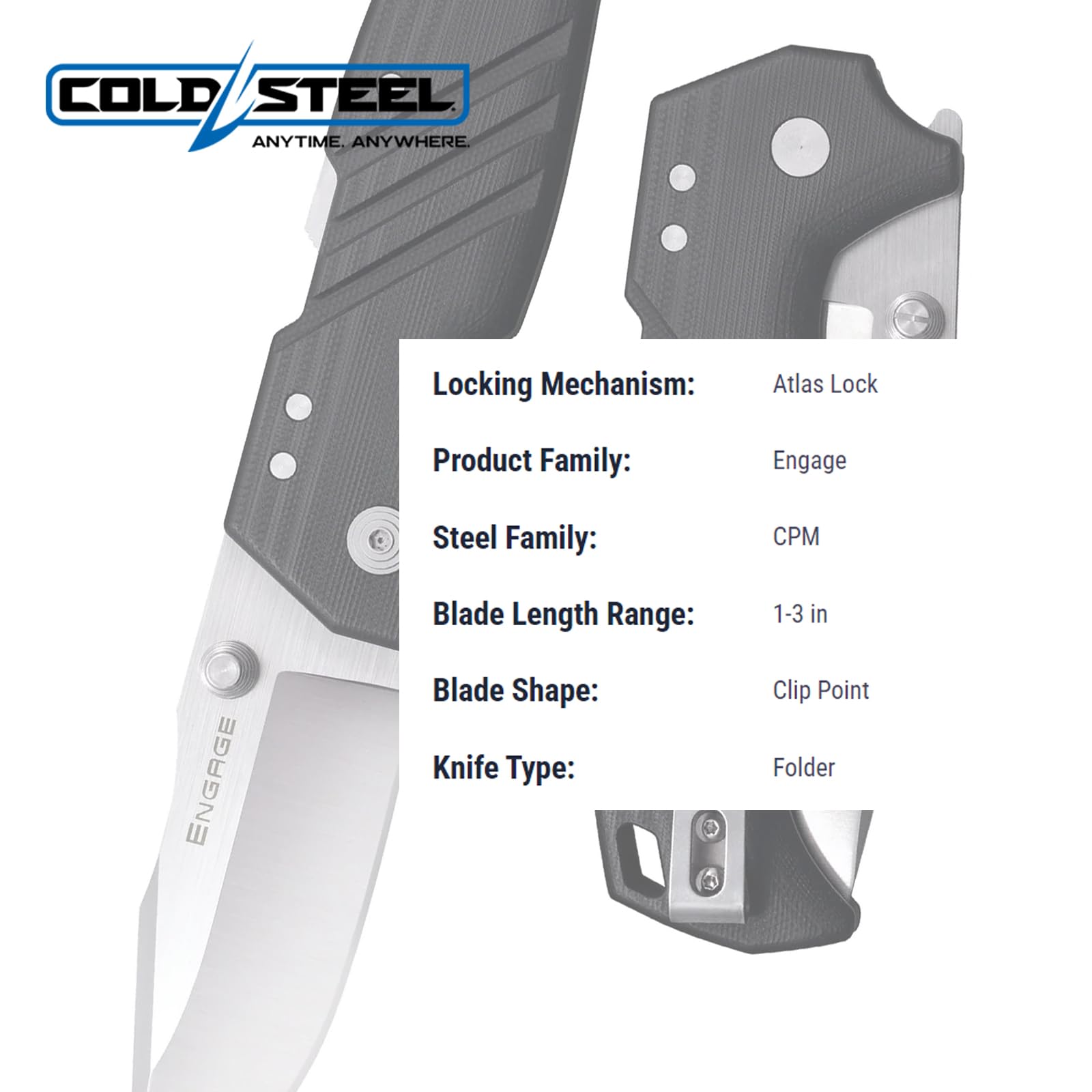 3" COLD STEEL Engage S35VN Razor-Sharp Clip Point Blade 4.25" G-10 Handle Everyday Carry Tactical Folding Knife with Atlas Lock