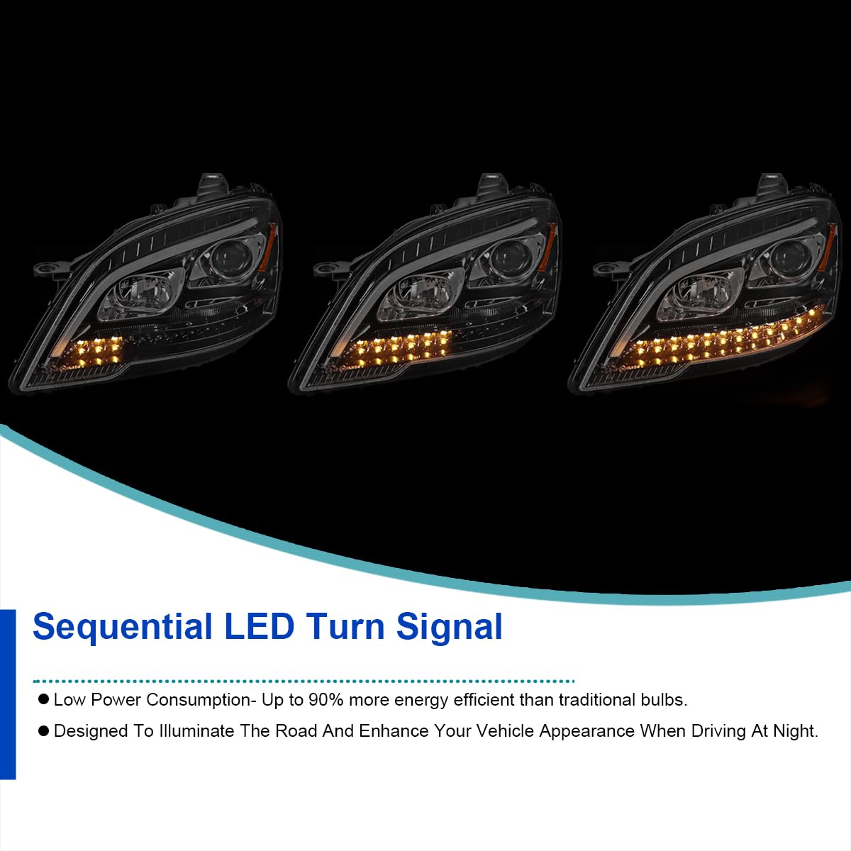 SPEC-D TUNING Projector Headlights Glossy Black with LED Sequential Turn Signals Compatible with 2009-2011 Mercedes Benz W164 ML320, Left + Right Pair Headlamp Assembly
