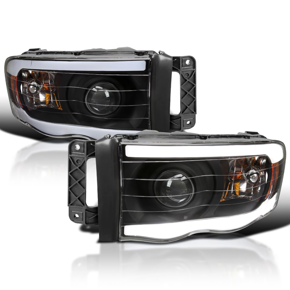 Matte Black LED Tube Projector Headlights SPEC-D TUNING Compatible with 2002-2005 Dodge Ram 1500, 2003-2005 Dodge Ram 2500/3500, Left + Right Pair Headlamps Assembly