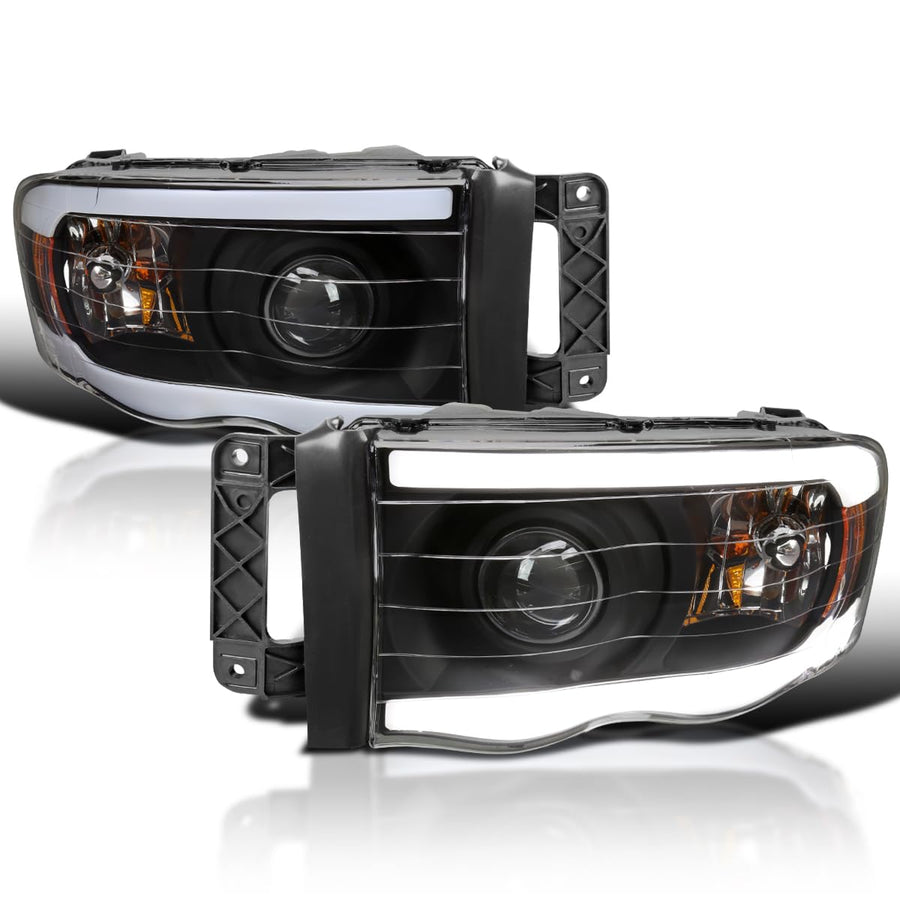 Matte Black LED Tube Projector Headlights SPEC-D TUNING Compatible with 2002-2005 Dodge Ram 1500, 2003-2005 Dodge Ram 2500/3500, Left + Right Pair Headlamps Assembly