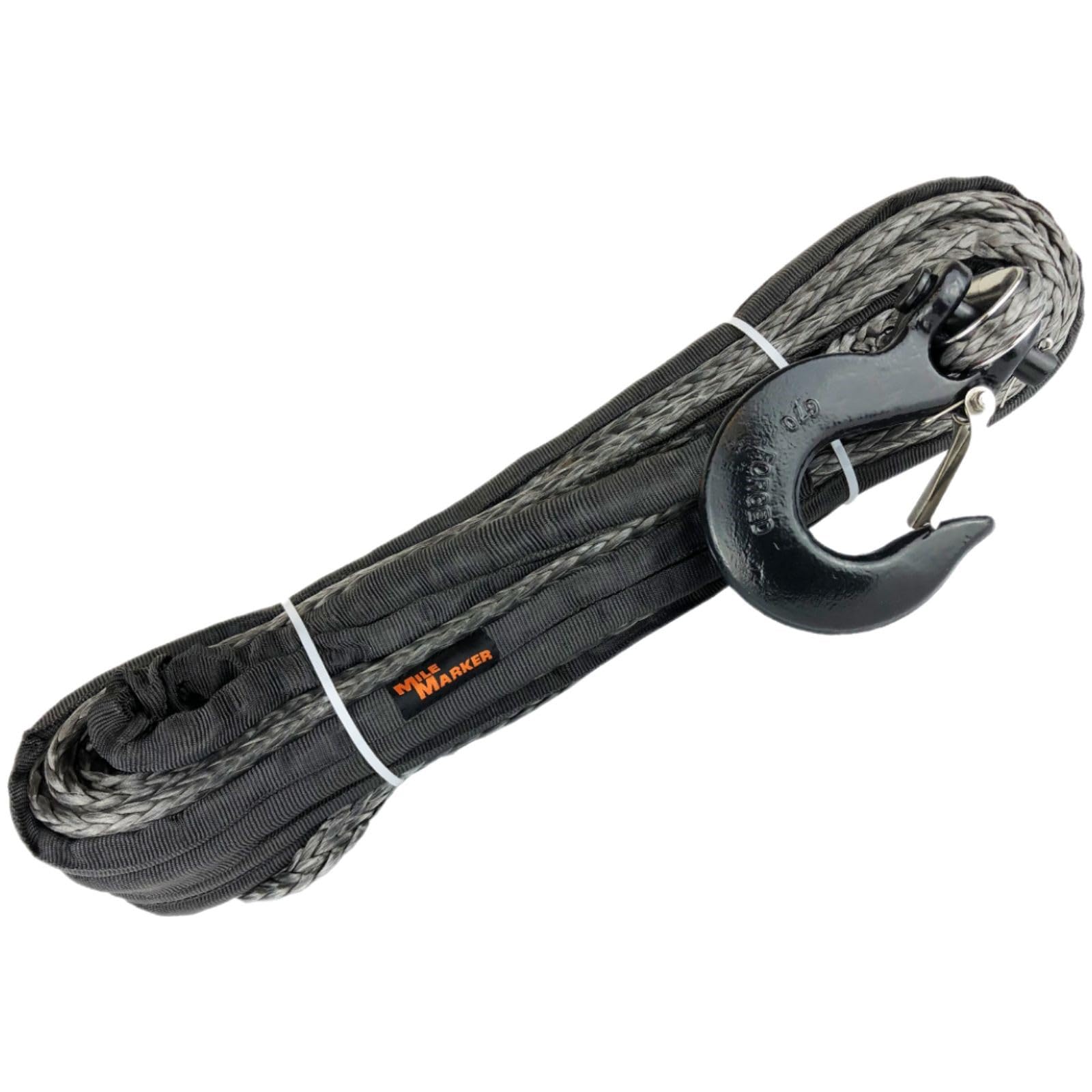 Single Mile Marker 19-52038-100C 3/8" x 100' Black & Grey Synthetic Rope Assembly with Removable Hook for Winches 9,500-15,000 lbs. - Breaking Force of 17,600 lbs