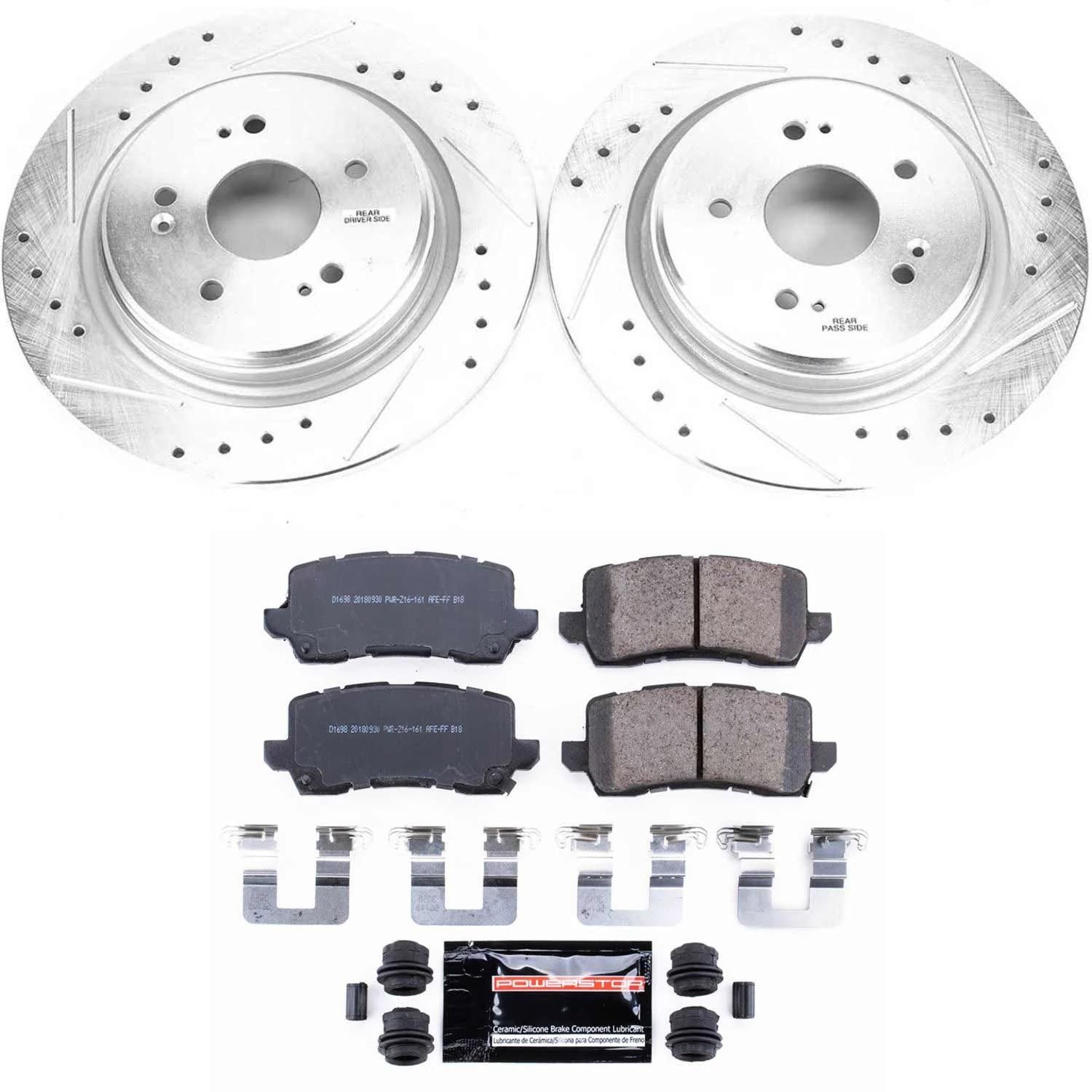 Power Stop K7216 Z23 Carbon Fiber Brake Pads with Drilled & Slotted Brake Rotors Kit For Acura TLX 2015-2020 [Model Specific]
