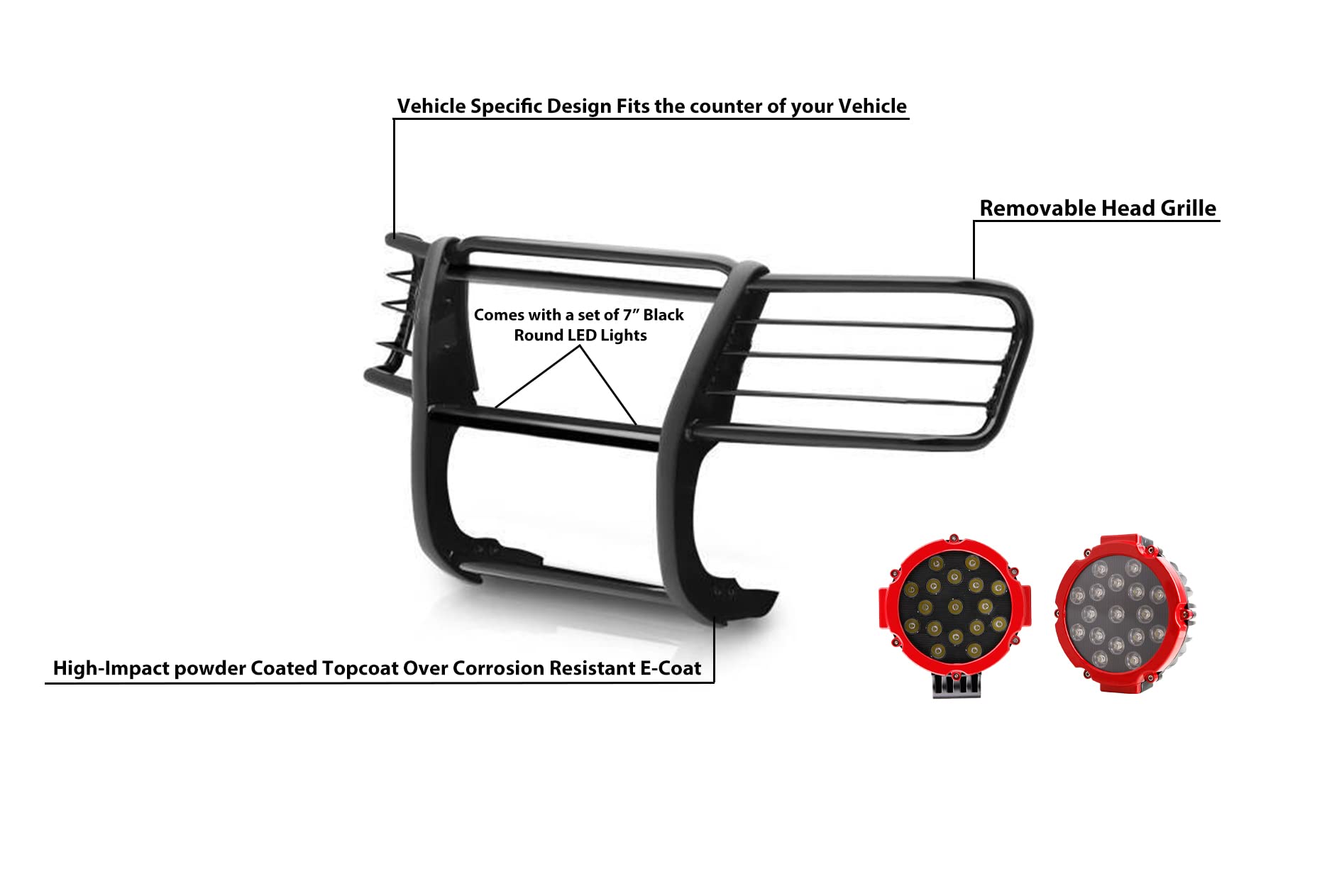 Bumper Guard Modular Black Black Horse Grille brush Come With pair of 7.0"Dia.LED Lights with Red Trim Rings Compatible with 2002-2005 Ford Explorer-17FJ26MA-PLR
