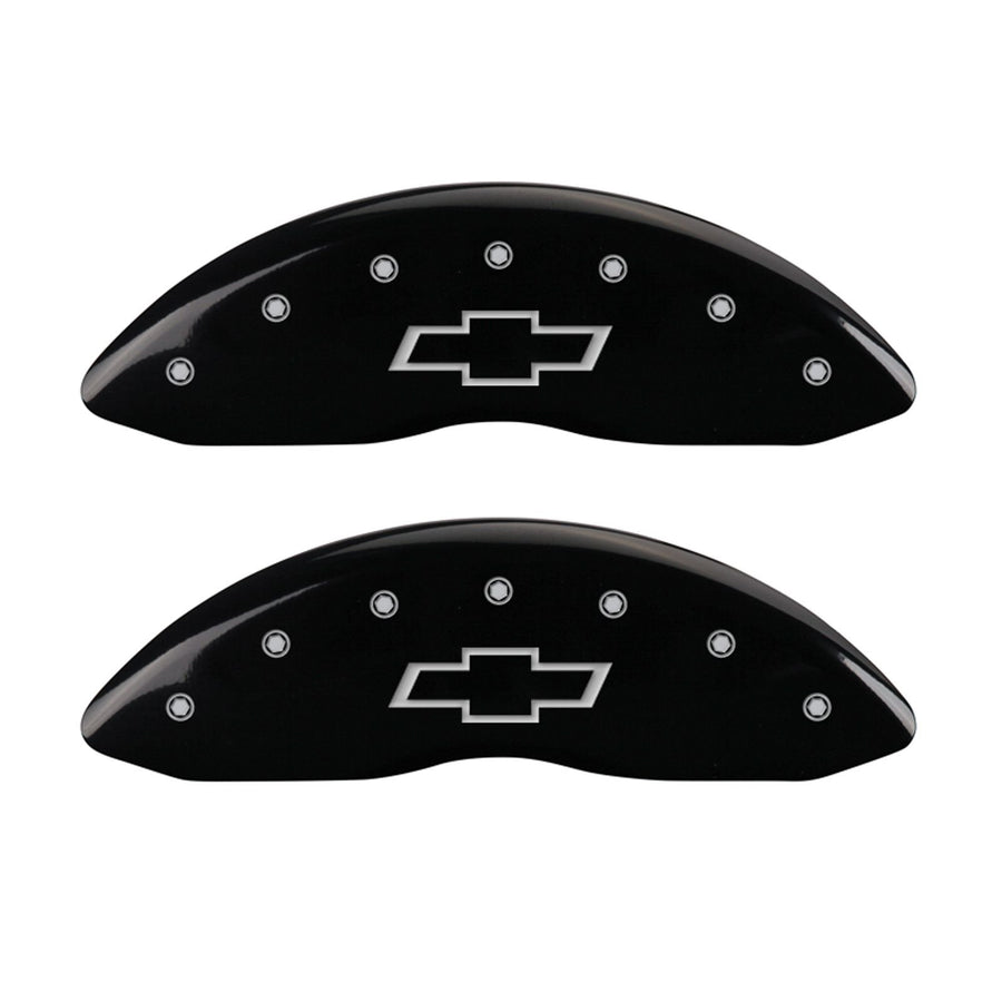 Caliper Covers MGP 14231SBOWBK (Black Powder Coat Finish, Engraved Front and Rear: Bowtie, Silver Characters, Set of 4)