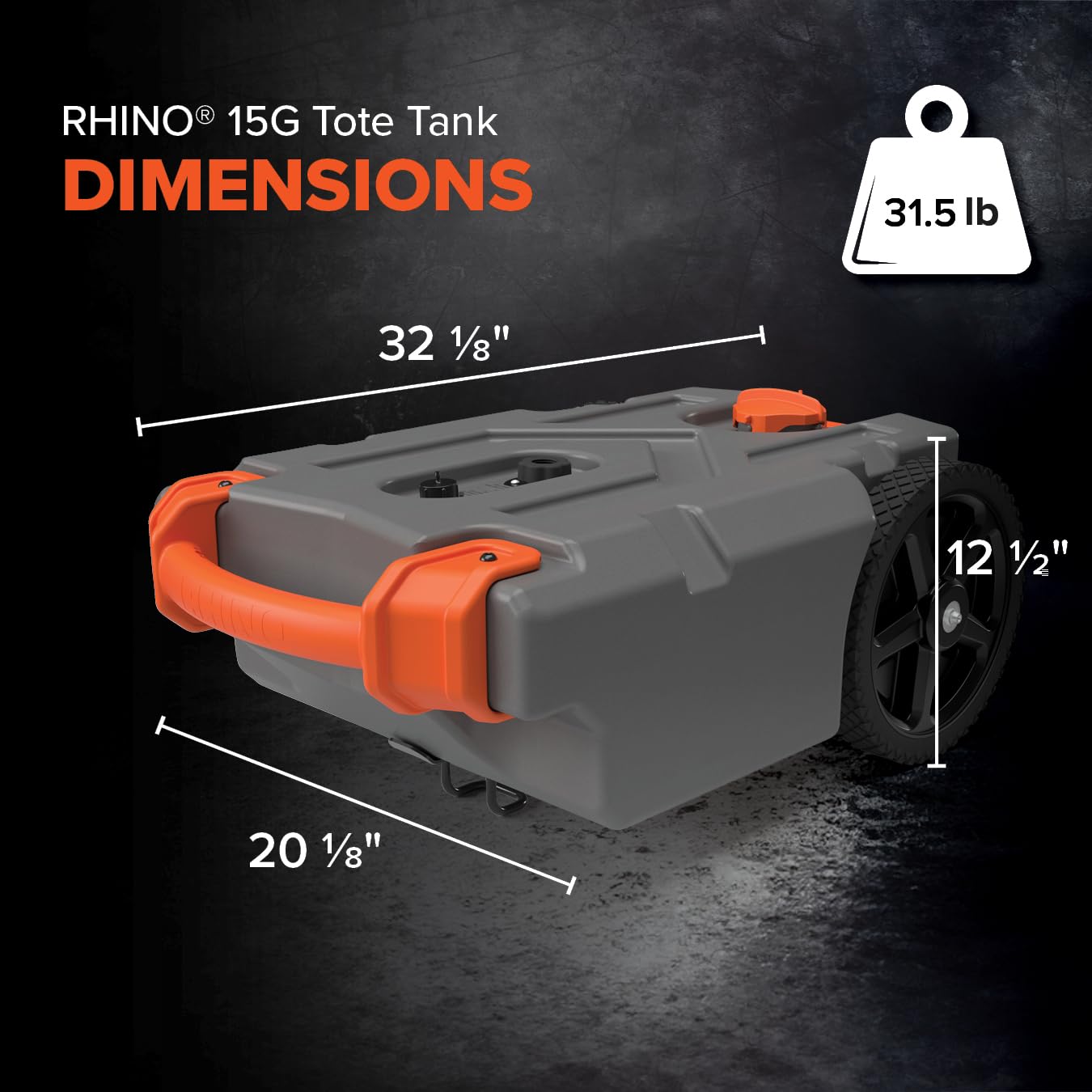 Camco 15-Gallon Rhino Portable RV Tote Tank - Features Large Heavy-Duty No-Flat Wheels & Low Drain Hole - Includes Removable Steel Tow Adapter, 3’ Sewer Hose & More RV Accessories (39000)