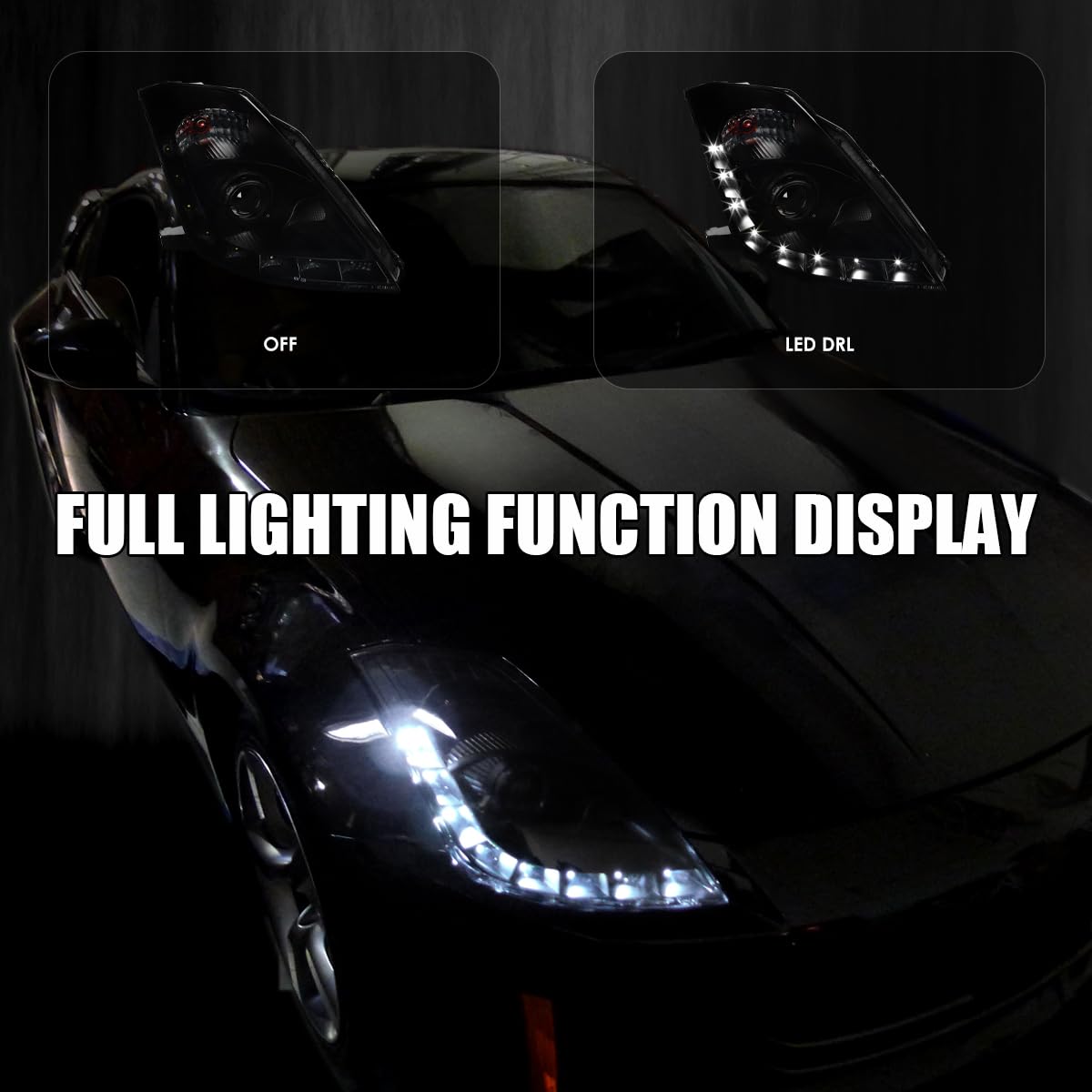 Black Smoke SPEC-D TUNING Projector Headlights w/LED Strip Compatible with 2006-2009 Nissan 350Z with Factory HID Headlight, Left + Right Pair Headlamps Assembly