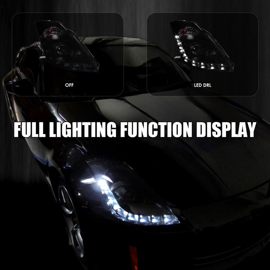 Black Smoke SPEC-D TUNING Projector Headlights w/LED Strip Compatible with 2006-2009 Nissan 350Z with Factory HID Headlight, Left + Right Pair Headlamps Assembly