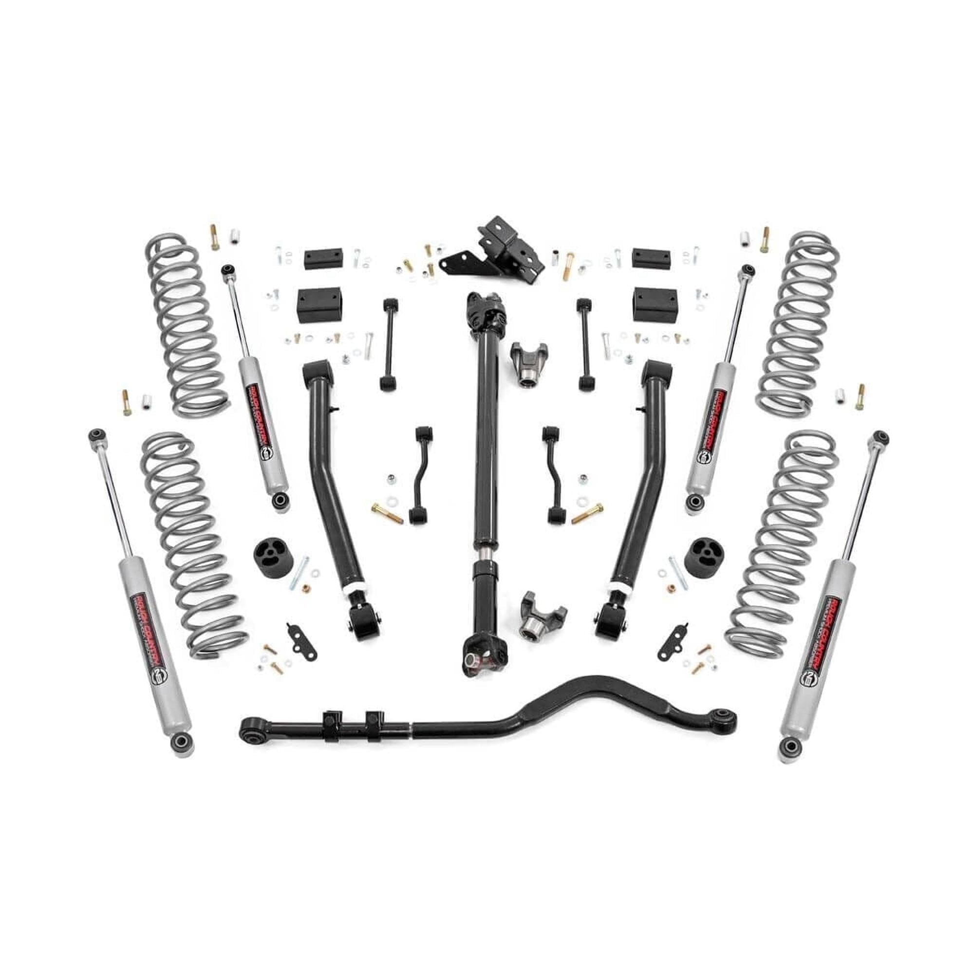 3.5" Lift Kit Rough Country w/ N3 Shock Absorbers for Jeep Wrangler JL 2-Door (2024-2025) - Includes Front & Rear Shocks, Adjustable Trackbar, Lifted Coil Springs