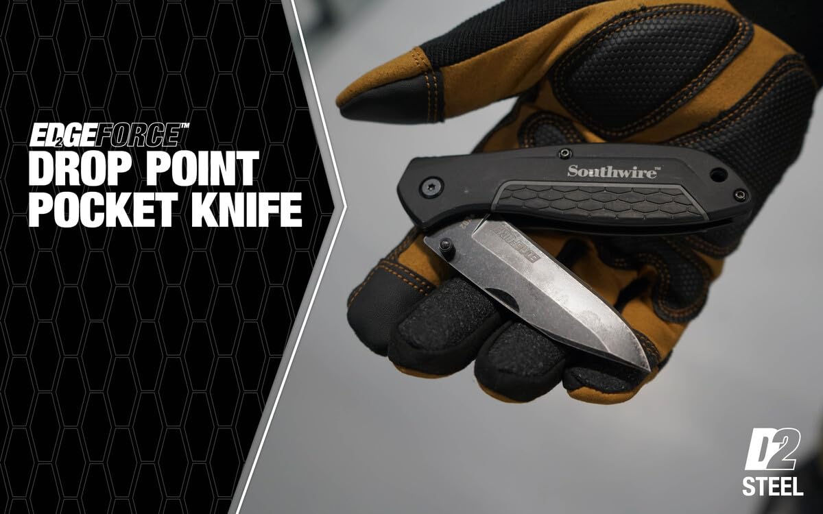 DPKD2 Southwire Tools & Equipment EDGEFORCE Pocket Knife, 3.26" blade, D2 Steel, Stonewash Black Oxide Finish For Corrosion Resistance- Smooth Blade For Everyday Use