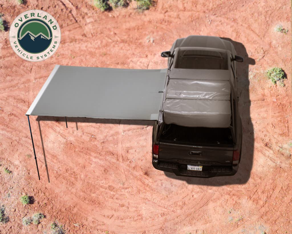 Overland Vehicle Systems Nomadic HD 2.5-8.0' Awning - 280G Poly Cotton Rip Stop Grey Body, Green Trim & 1000G PVC Black Travel Cover - 69 Square Feet of Coverage - Universal Fitment