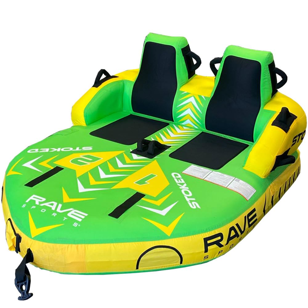 RAVE Sports Towable Tube Stoked, 1-2 Riders, Dual Tow Points, Stable Couch-Style Seats with Backrest, Durable Nylon Cover, Neoprene Padding, Foam-Filled Reinforced Handles, Boat Towables-Tubes