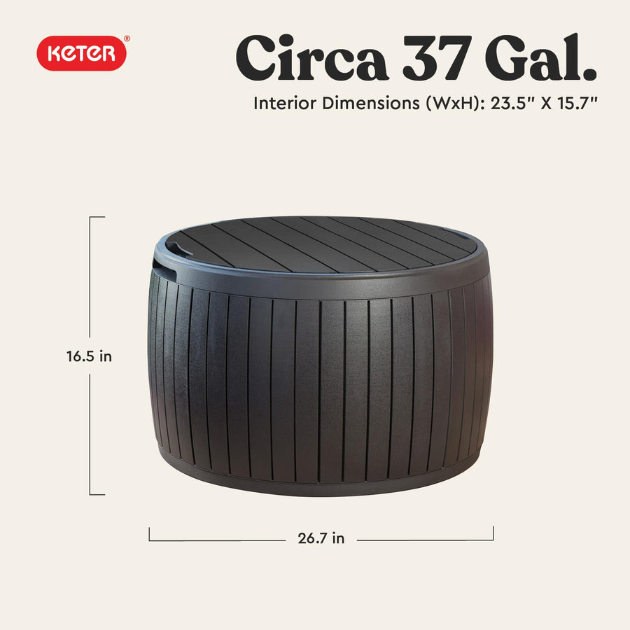 Keter 37 Gallon Circa Deck Box Organizer, Works as Ottoman Chair or Side Table, Brown – Large Resin Round Outdoor Storage and Seating for Garden, Pool, and Patio