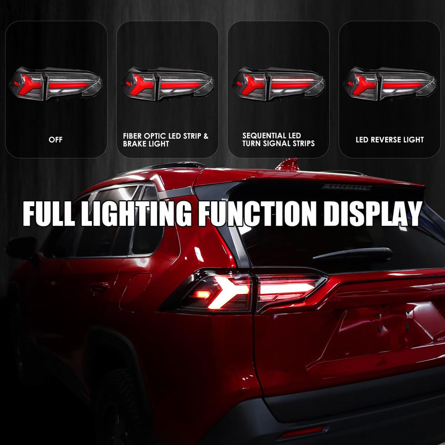 Black LED Sequential Tail Lights w/Red Bar SPEC-D TUNING Compatible with 2019-2023 Toyota RAV4, Left + Right Pair Assembly