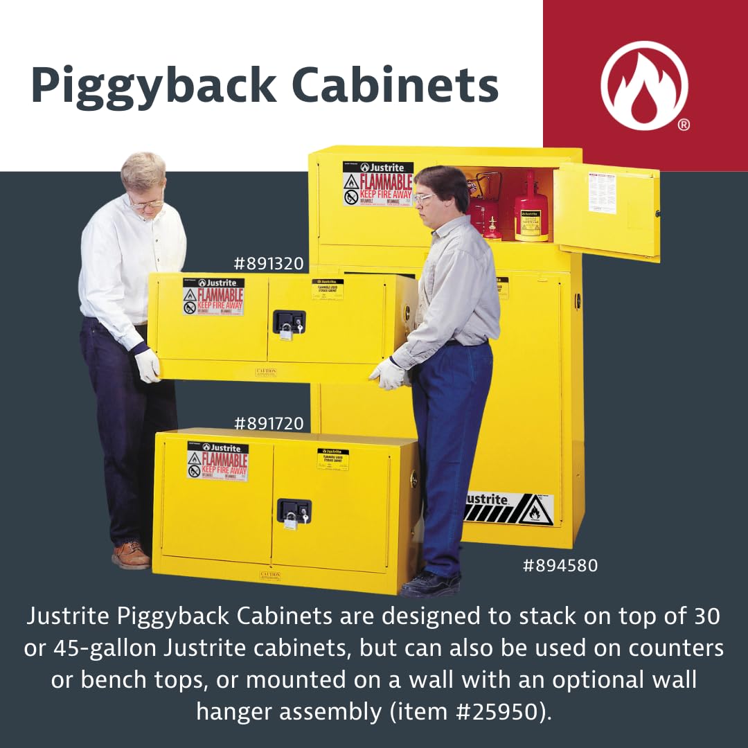Justrite 17 Gallon Flammable Storage Cabinet Manual Close Piggyback, 18 Gauge Steel, 1 Shelf, 2 Door Fire Cabinet, 24" x 43" x 18", Made in The USA, Red, 891701