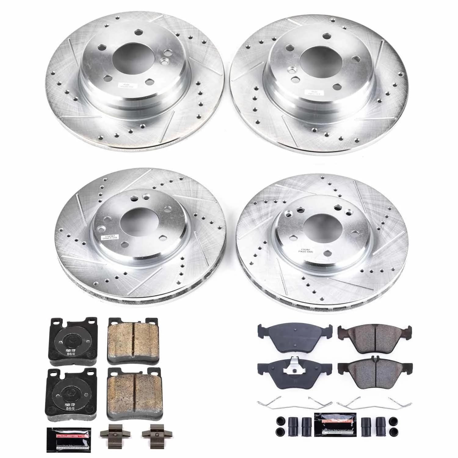 Power Stop K2785 Z23 Carbon Fiber Brake Pads Front and Rear with Drilled & Slotted Brake Rotors Kit and 2 Front & 2 Rear Sensor Wires For CLK320, CLK, E300, E320, E, E430 [Model Specific]