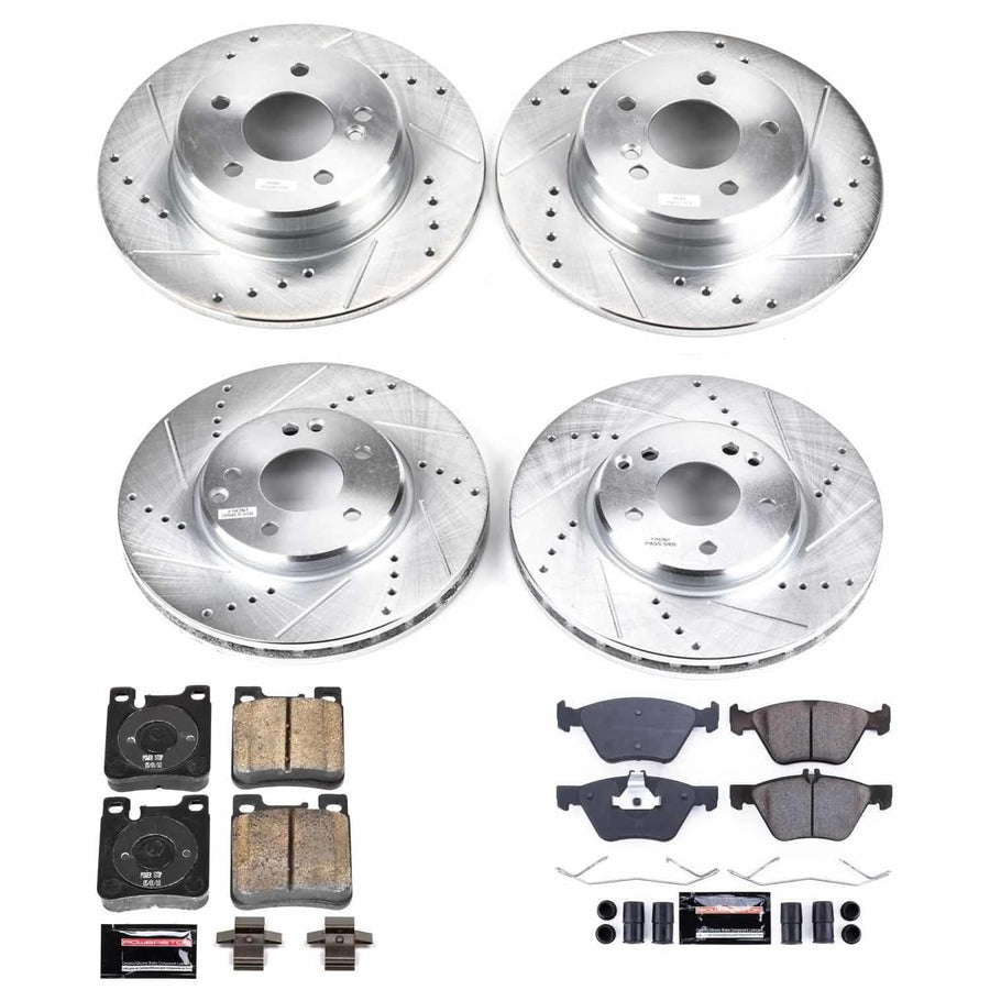 Power Stop K2785 Z23 Carbon Fiber Brake Pads Front and Rear with Drilled & Slotted Brake Rotors Kit and 2 Front & 2 Rear Sensor Wires For CLK320, CLK, E300, E320, E, E430 [Model Specific]