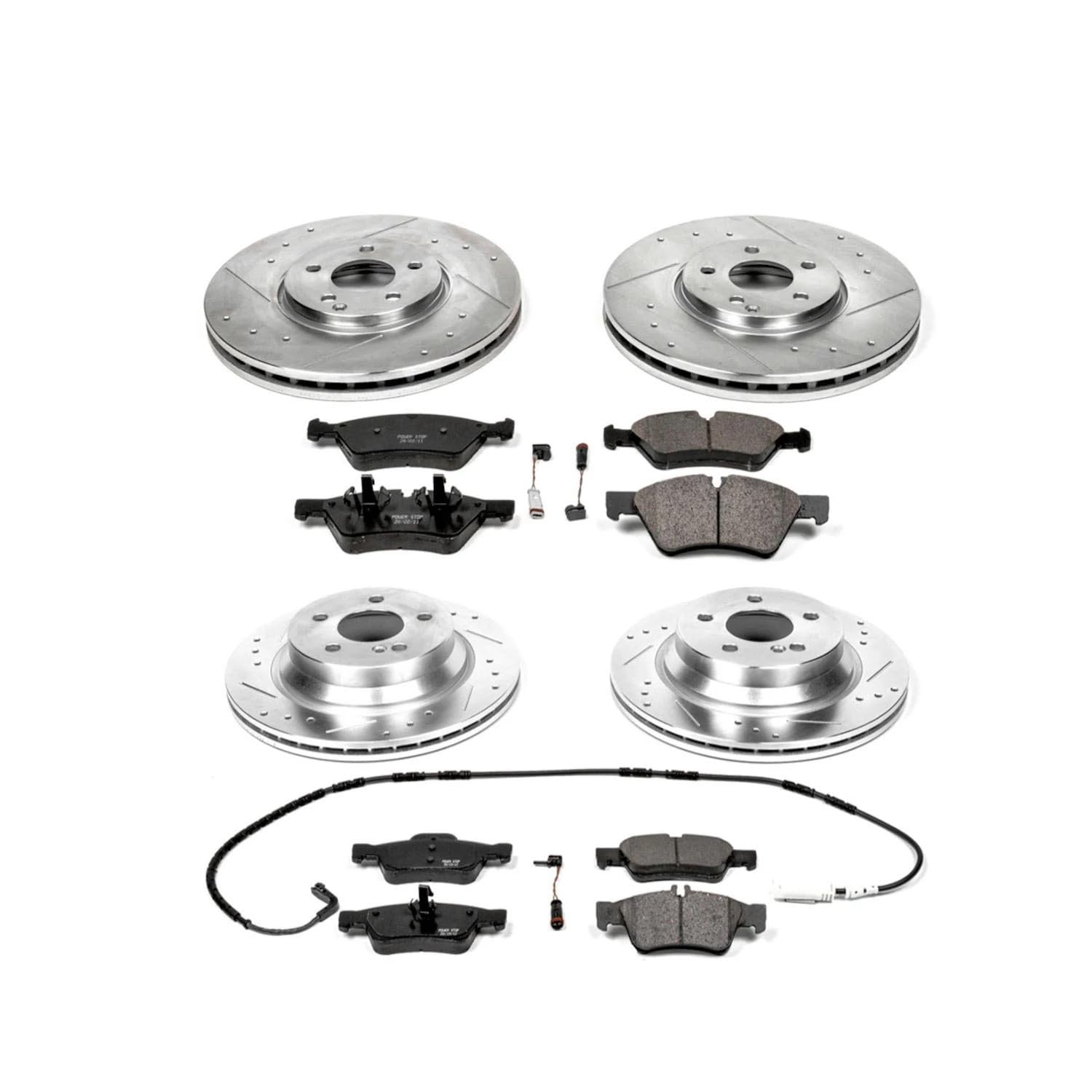 Power Stop K4516 Z23 Carbon Fiber Brake Pads Front and Rear with Drilled & Slotted Brake Rotors Kit For Mercedes-Benz E500 2006 [Model Specific]