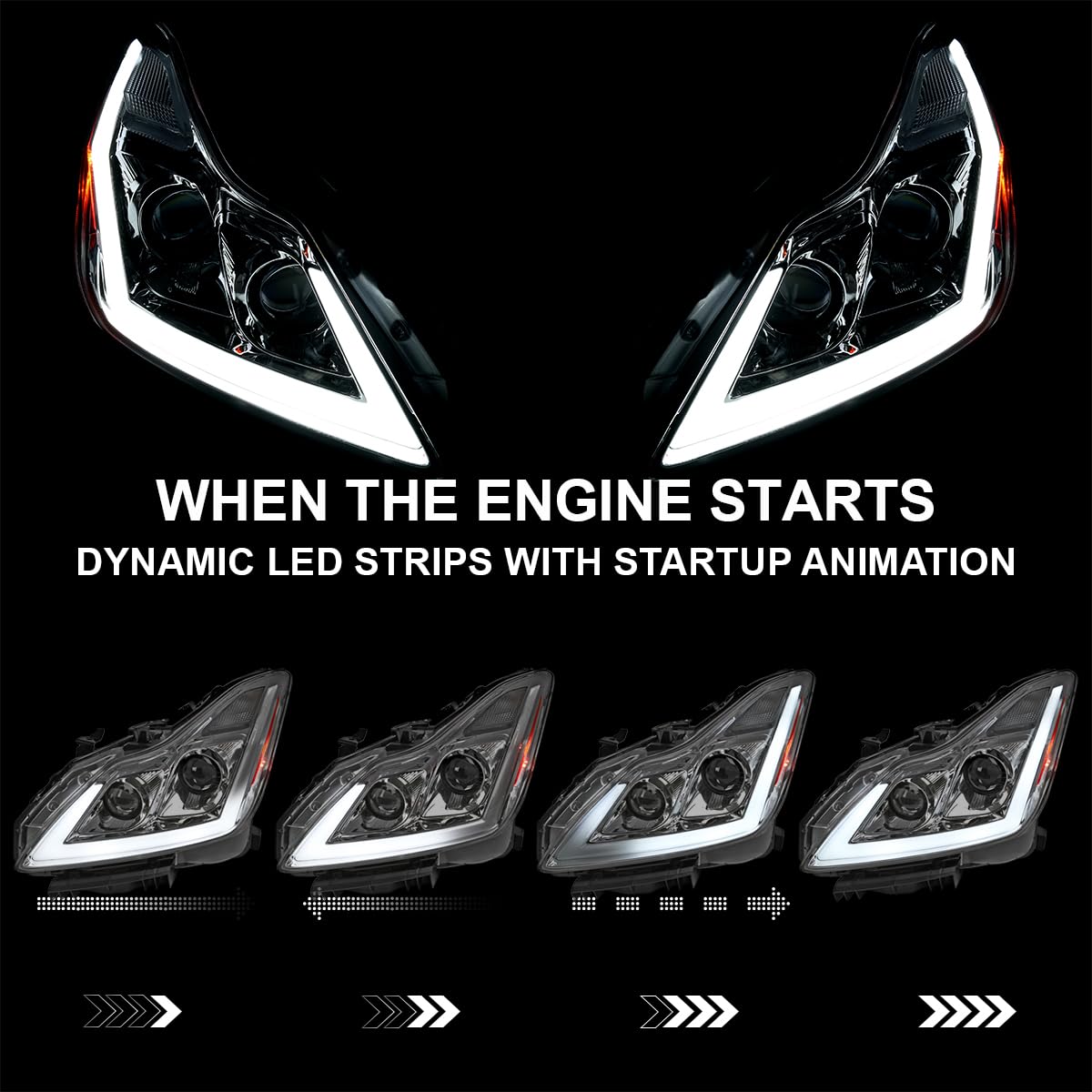 Chrome Projector Headlights SPEC-D TUNING w/LED Sequential Turn Signal and Startup Animation Compatible with 2008-2015 Infiniti G37, Q60 2DR Coupe, Left + Right Pair Headlamp Assembly