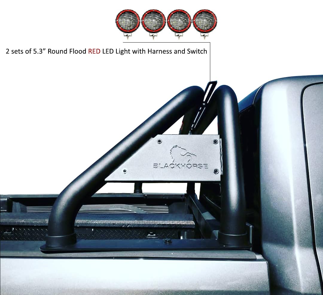 Classic Black Horse Roll Bar Incl. Set of 5.3" Dia.Led Lights w/Red Trim Rings Compatible with 99-22 Ford F-250 Super Duty|99-22 Ford F-350 Super Duty|99-22 Ford F-450 Super Duty-RB015BK-PLFR