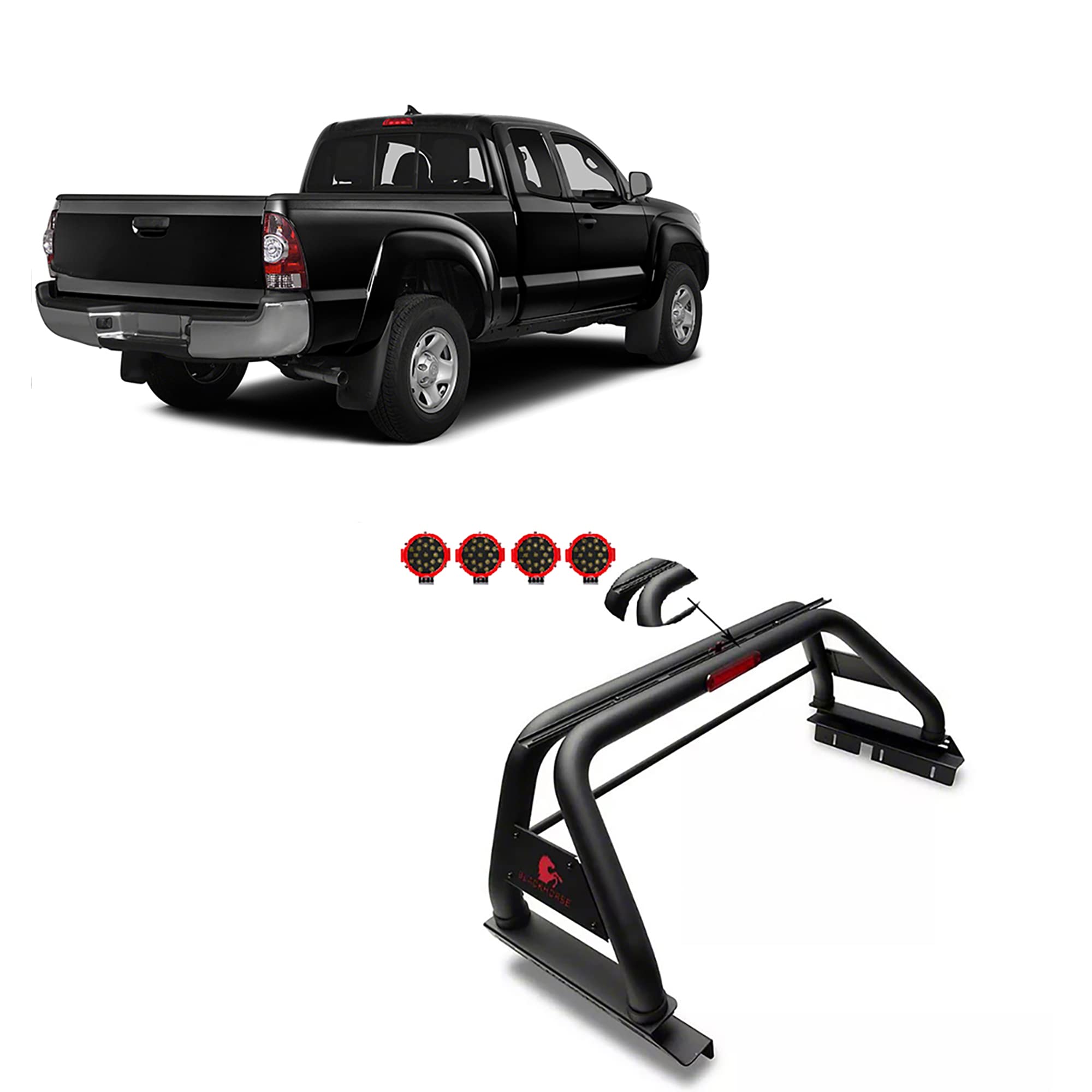 Classic Black Roll Bar Incl. Pair of 7.0" Dia. LED Lights w/Red Trim Rings Compatible with 2005-2024 Toyota Tacoma-RB006BK-PLR