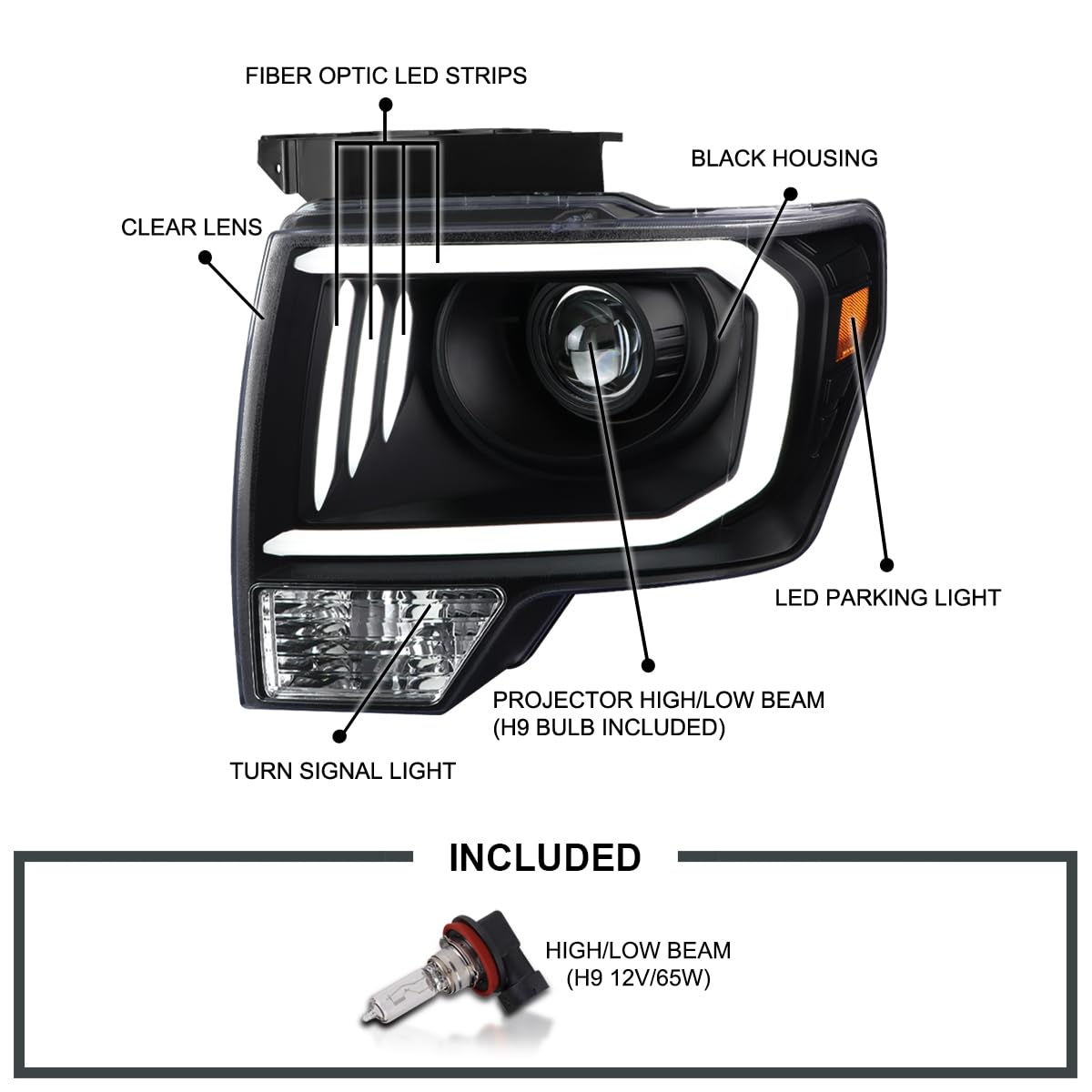 Black SPEC-D TUNING Projector Headlights w/LED Tube Compatible with 2009-2014 Ford F150, Left + Right Pair Headlamps Assembly