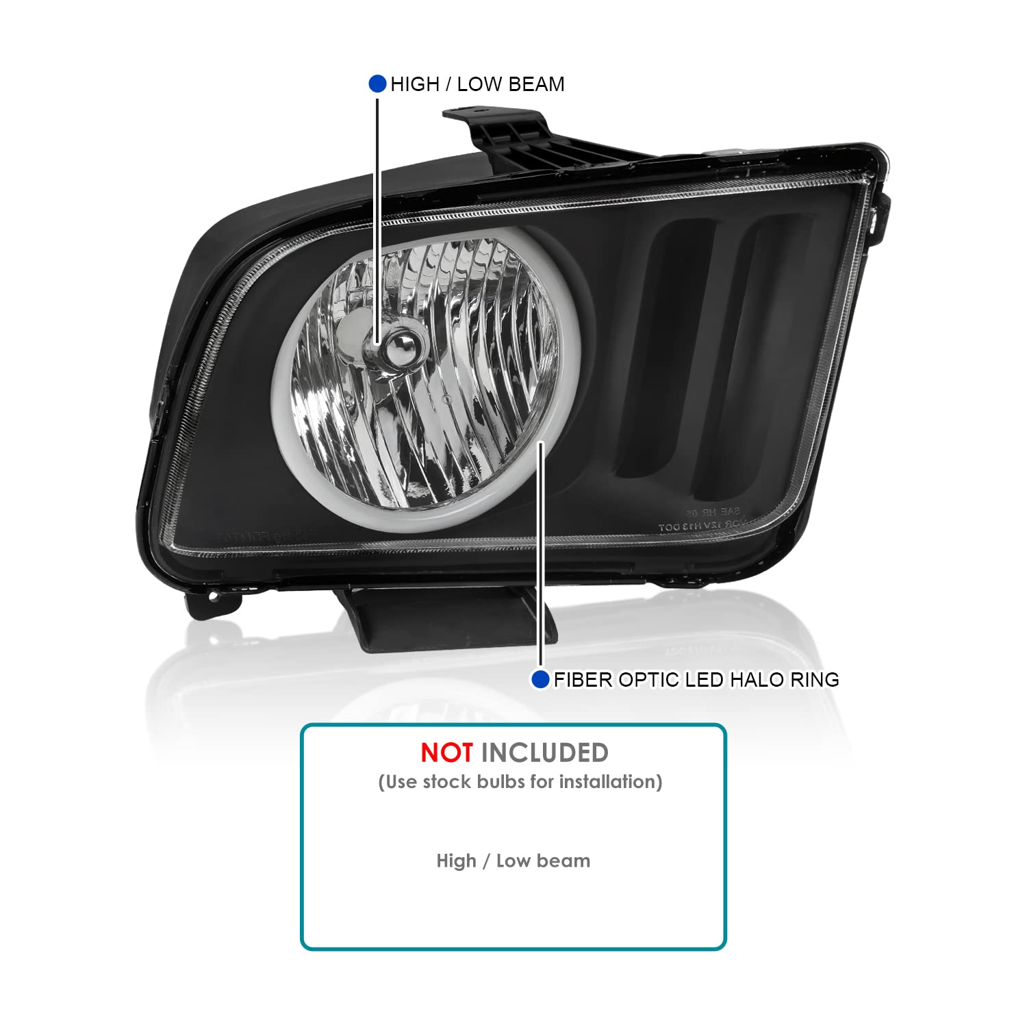 Black SPEC-D TUNING Headlights w/LED Angel Eyes Compatible with 2005-2009 Ford Mustang, Left + Right Pair Headlamps Assembly
